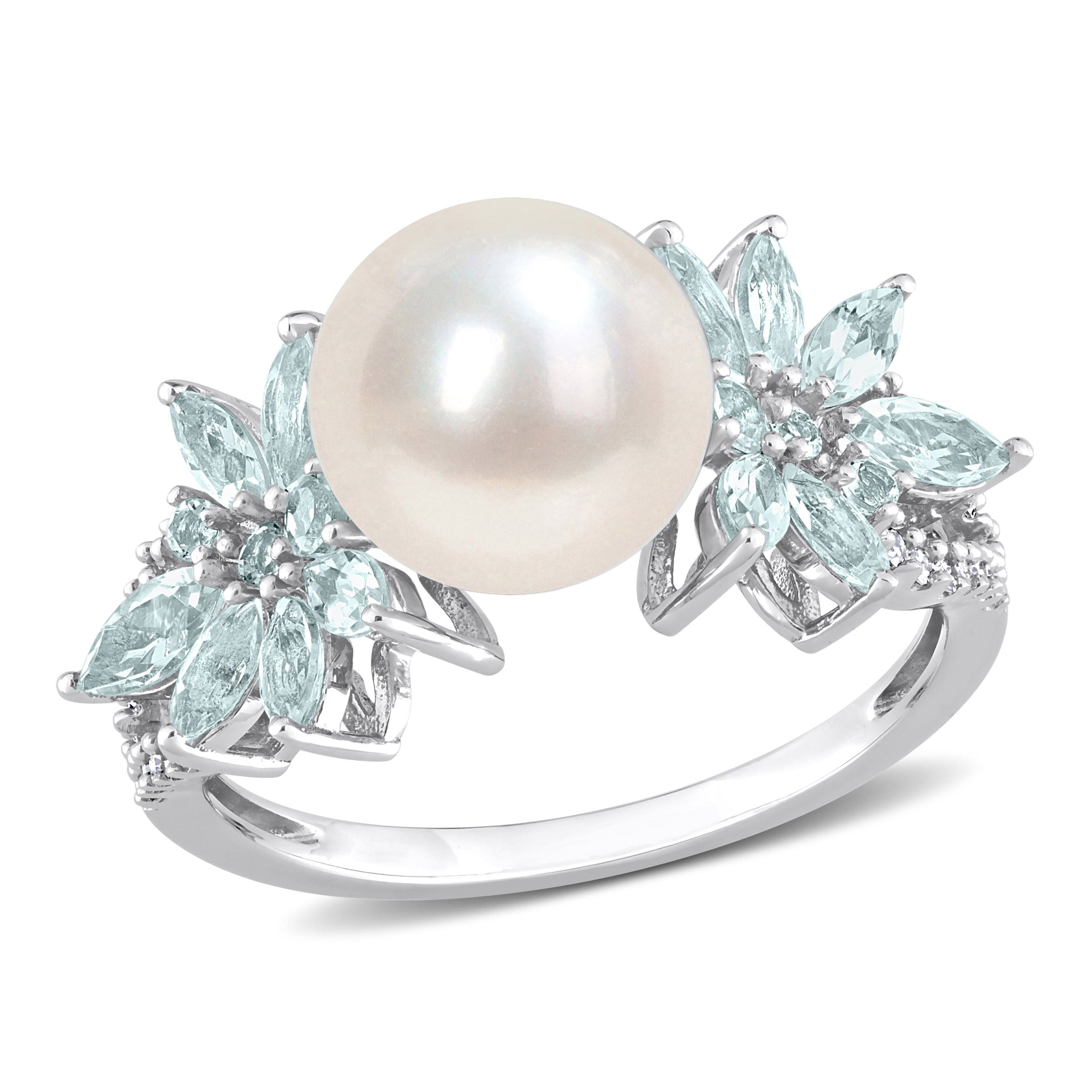 9-9.5mm Cultured Freshwater Pearl and 3/5ct TW Aquamarine and 1/8 ct TW Diamond Flower Ring in 14k White Gold