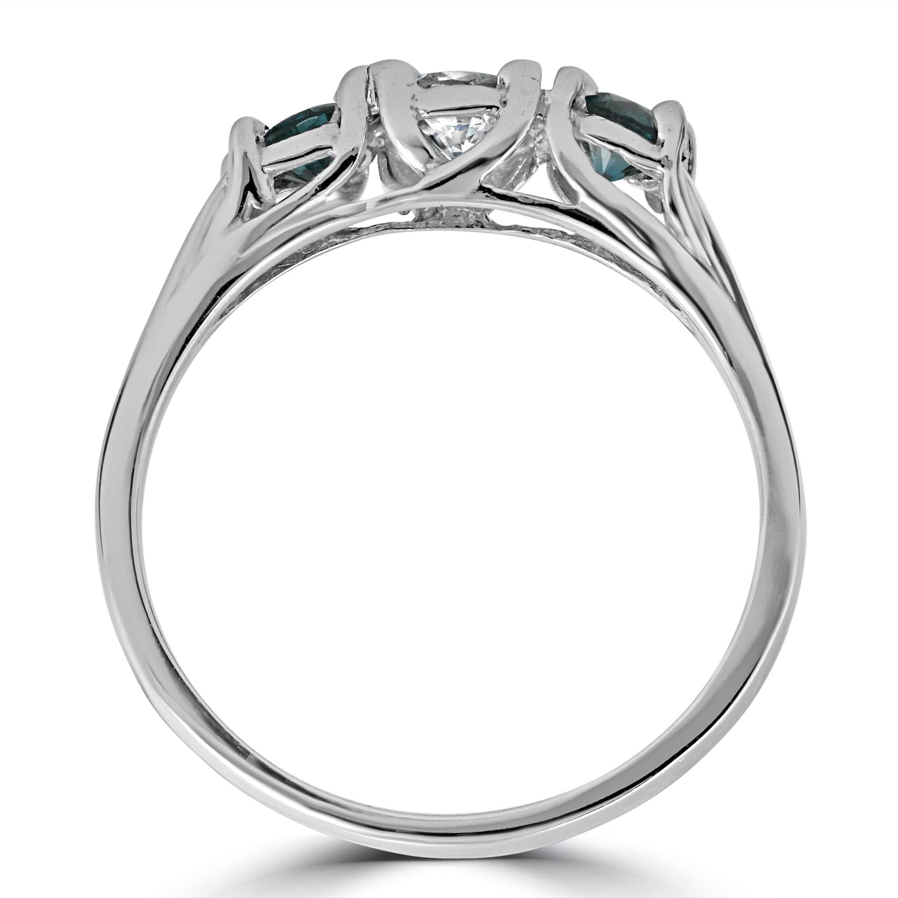 3/4ct 3 Stone Blue & White Diamond Trellis Engagement Ring 14K White Gold