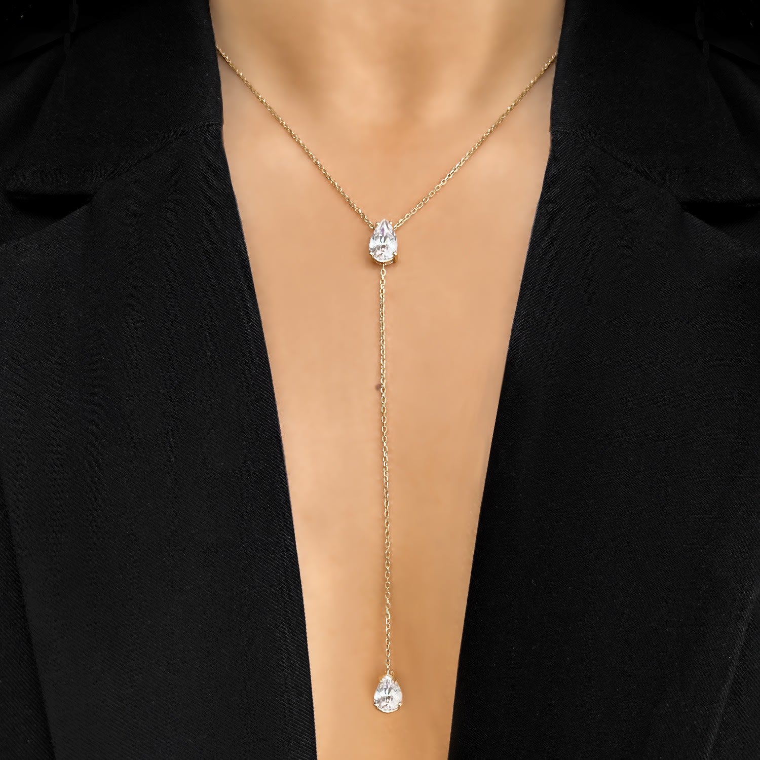 Pure Lariat With Gold Rutile & Man Made Cz Diamond Stimulant In Sterling Silver & 18K Gold Vermeil