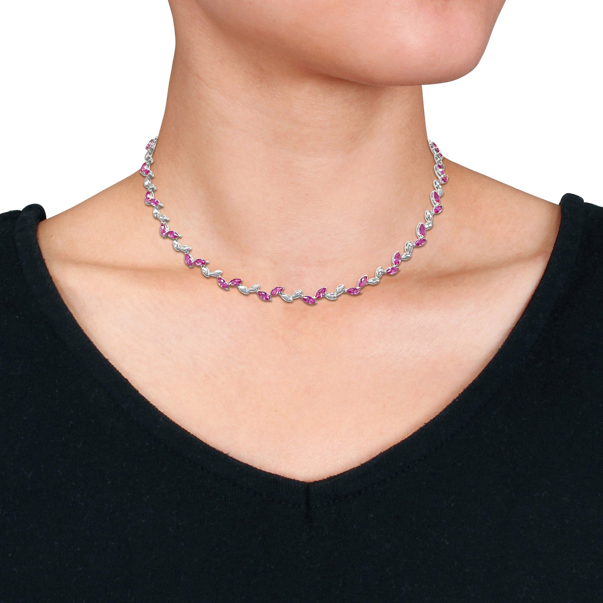 Mimi & Max 20 3/8 ct TGW Created Pink Sapphire Sterling Silver Alternate Leaf Necklace-17 in