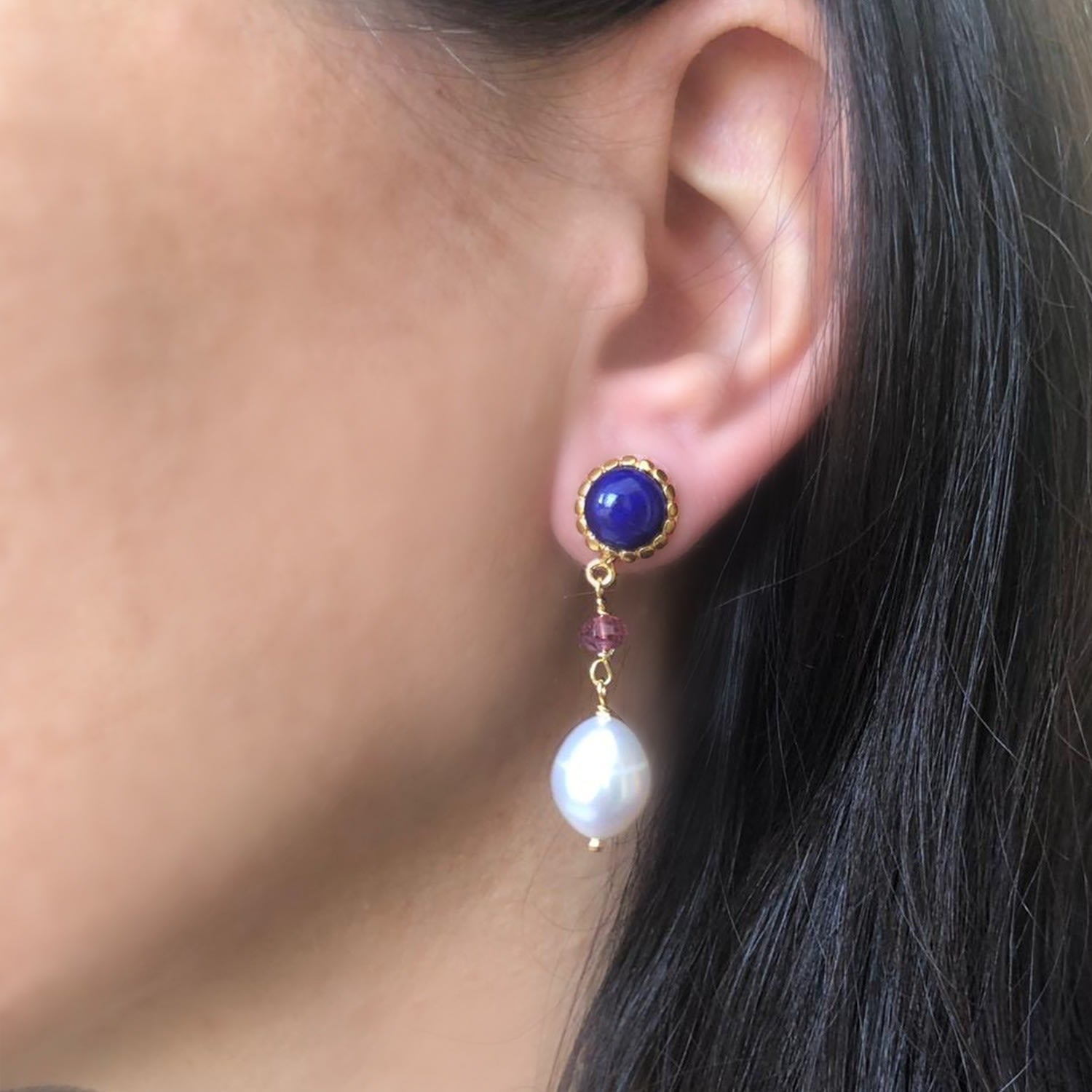 Lapis, Pink Quartz & Pearl Gold-Plated Drop Earrings