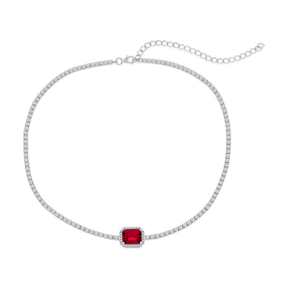 Sterling Silver Asscher-Cut CZ Tennis Choker (Blue Or Red)