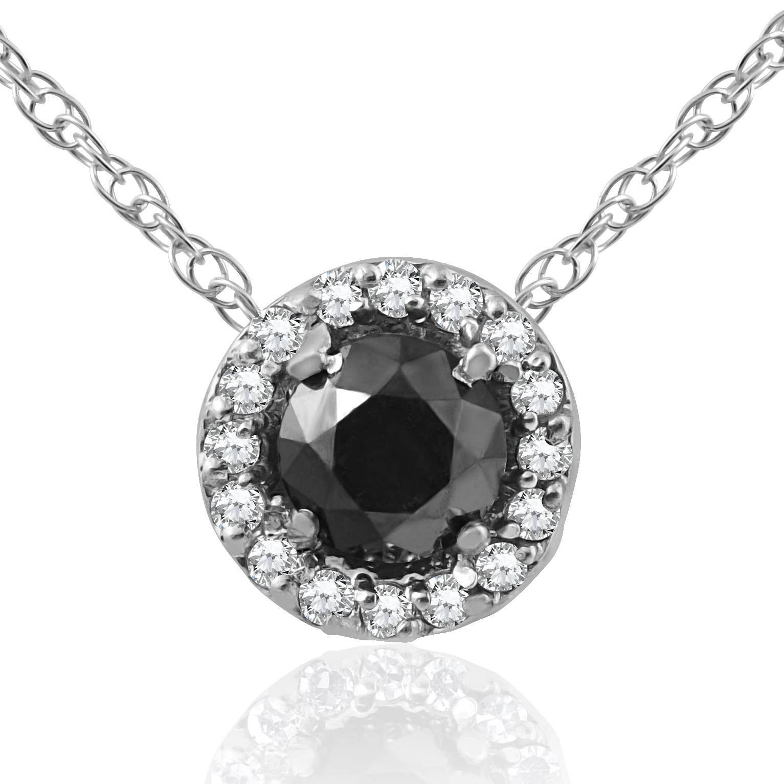 3/8 ct Black & White Diamond Pave Halo Solitaire Pendant Necklace 14K White Gold