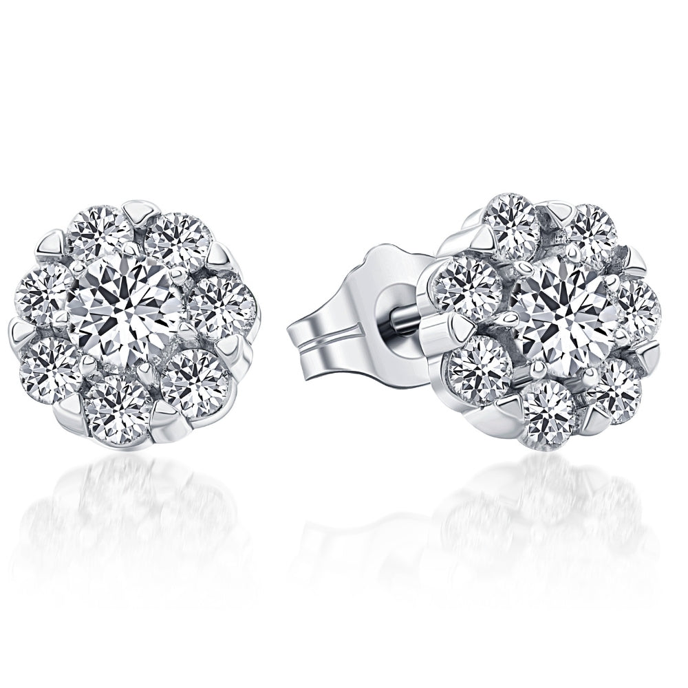 1ct Pave Halo Fire Diamond Studs 14k White Gold