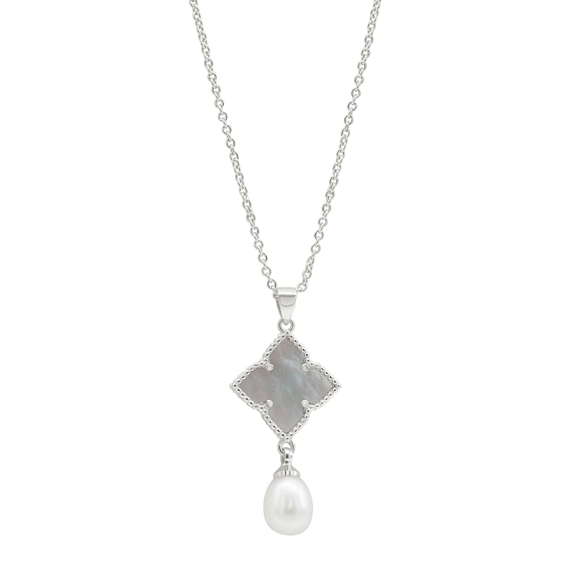 Silver Plated White Mother-of-Pearl Flower With Freshwater Pearl Drop Necklace