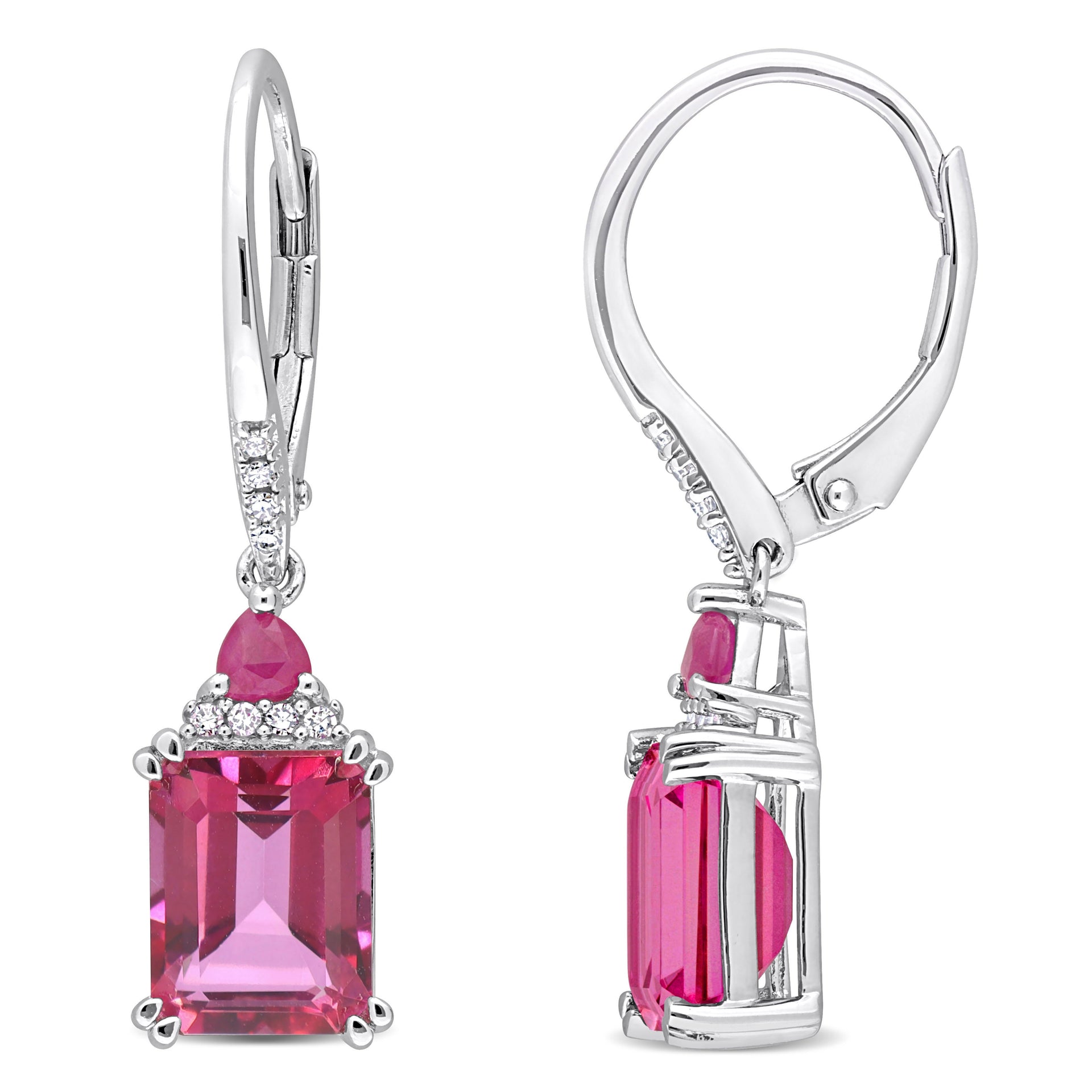 Mimi & Max Womens 6 1/3ct TGW Octagon Pink Topaz Trilliant Ruby and 1/10ct TDW Diamond Leverback Earrings in Sterling Silver