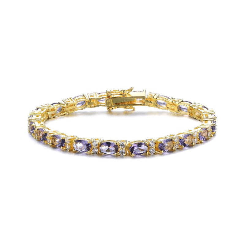 Sterling Silver 14k Yellow Gold Plated Tennis Bracelet with Colored and Clear Oval Cubic Zirconia in Alternation