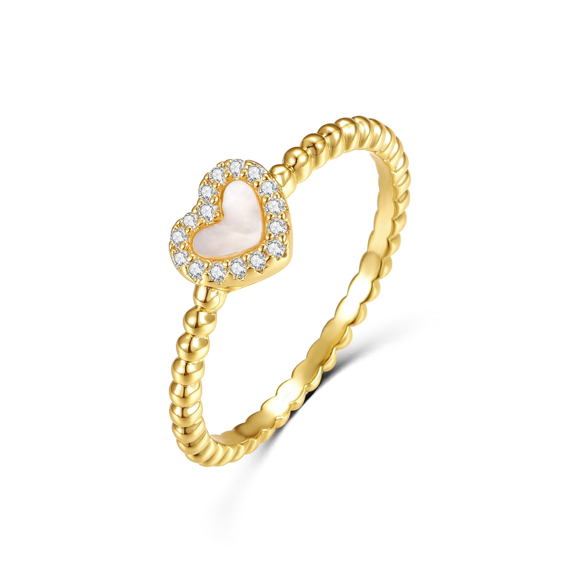 14k Yellow Gold Plated With Mother Of Pearl & Diamond Cubic Zirconia Beaded Band Promise Stacking Ring