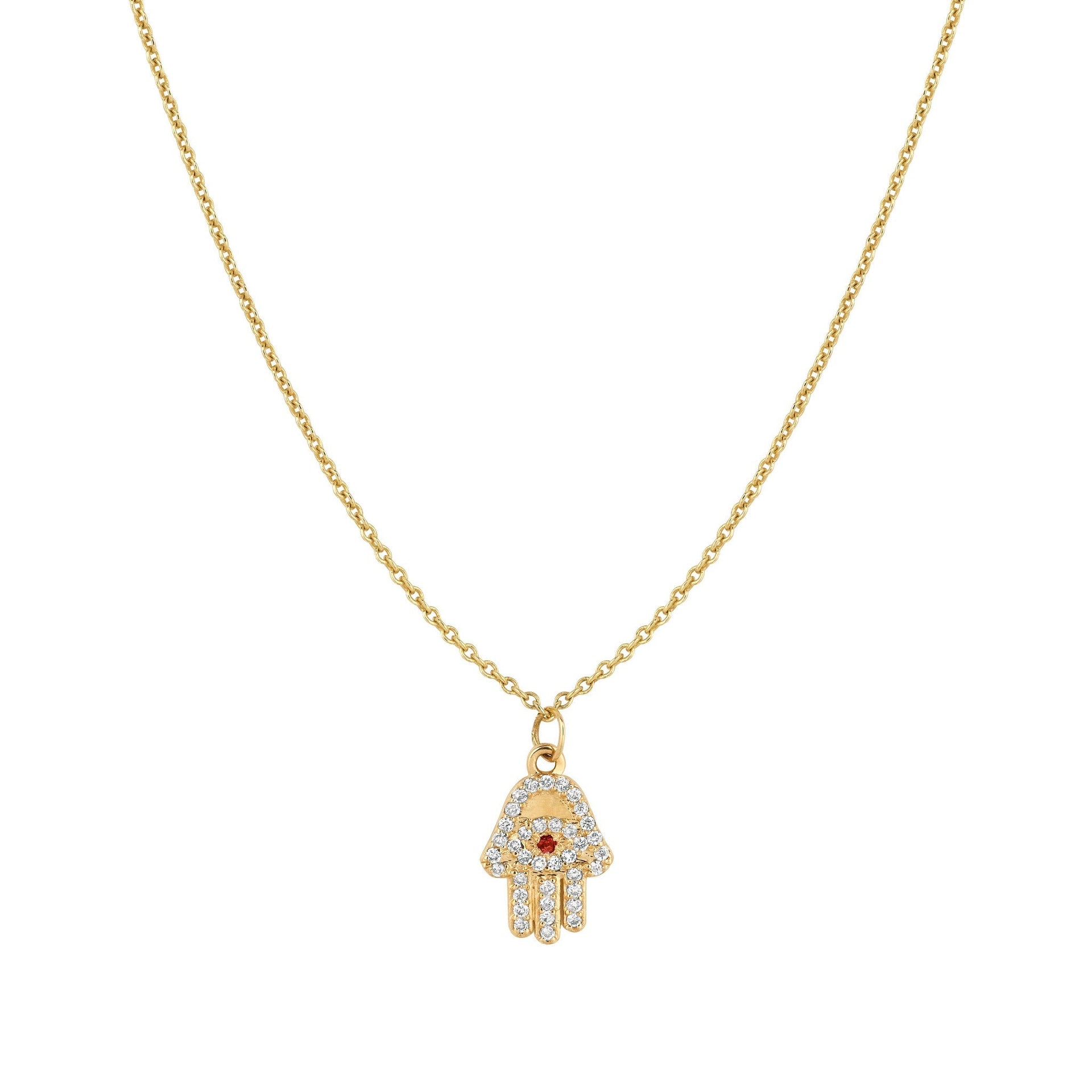 Diamond & Ruby Hamsa Necklace Yellow Gold