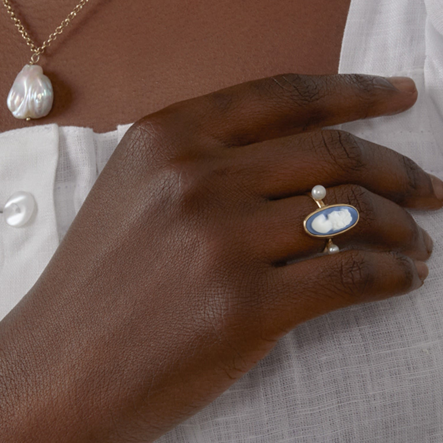 Medea Gold-Plated Sky Blue Cameo And Pearl Ring