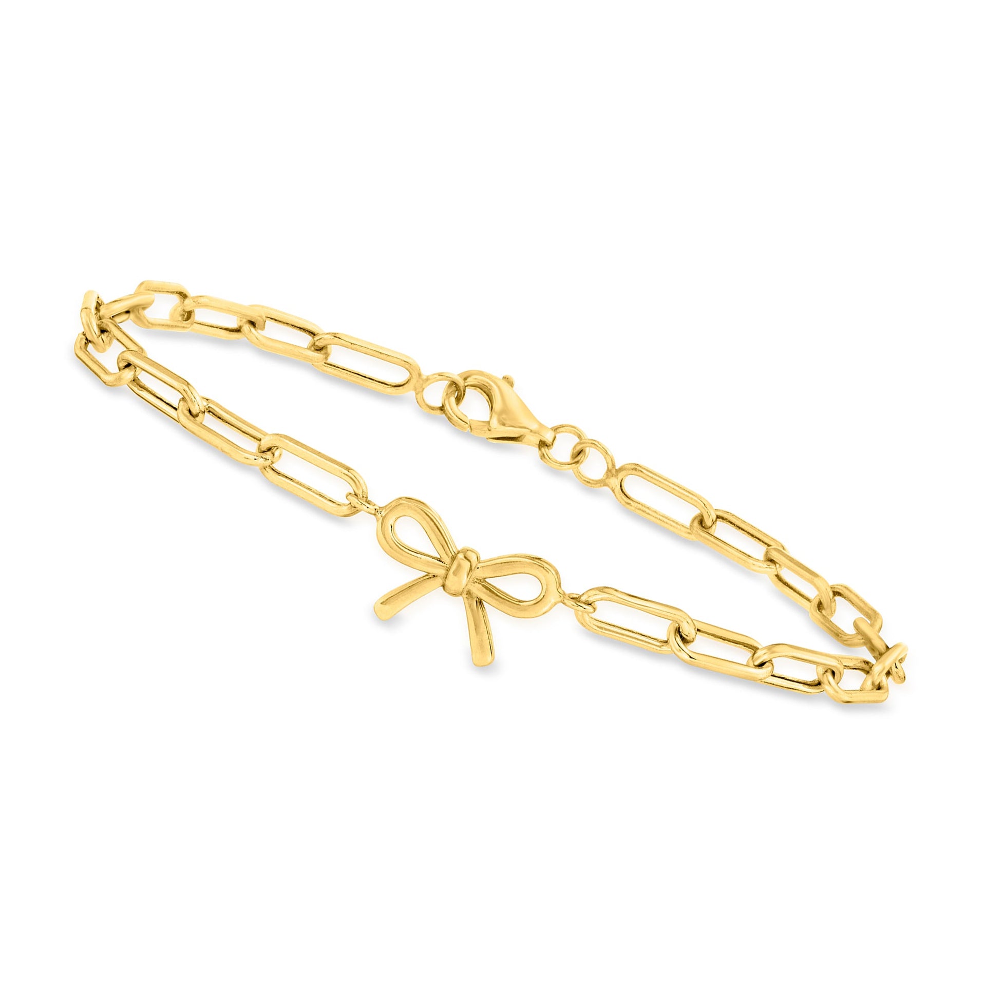 4mm 10kt Yellow Gold Paper Clip Link Bracelet With Bow Charm