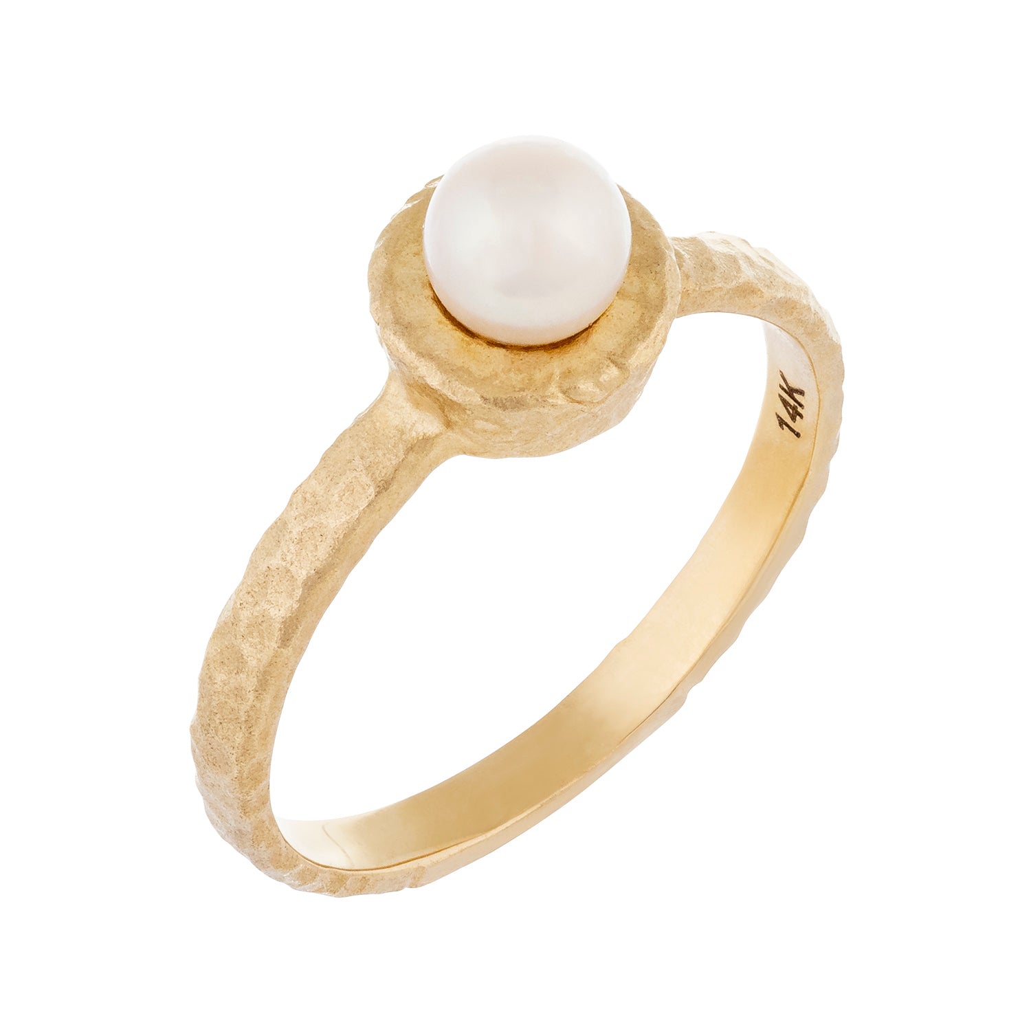 14k Yellow Hammered Gold Pearl Ring