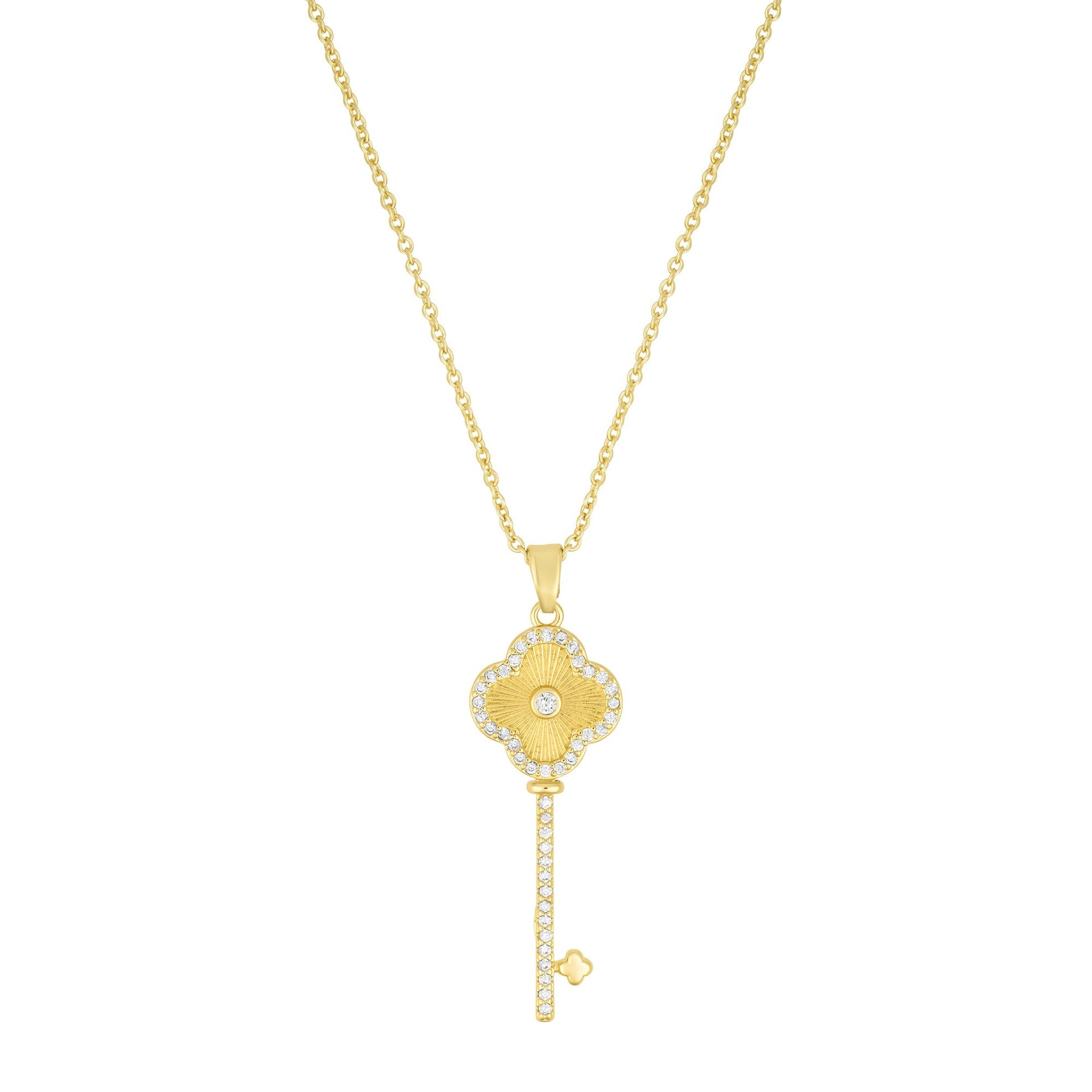 14k Gold Plated Pave Clover Key Pendant Necklace