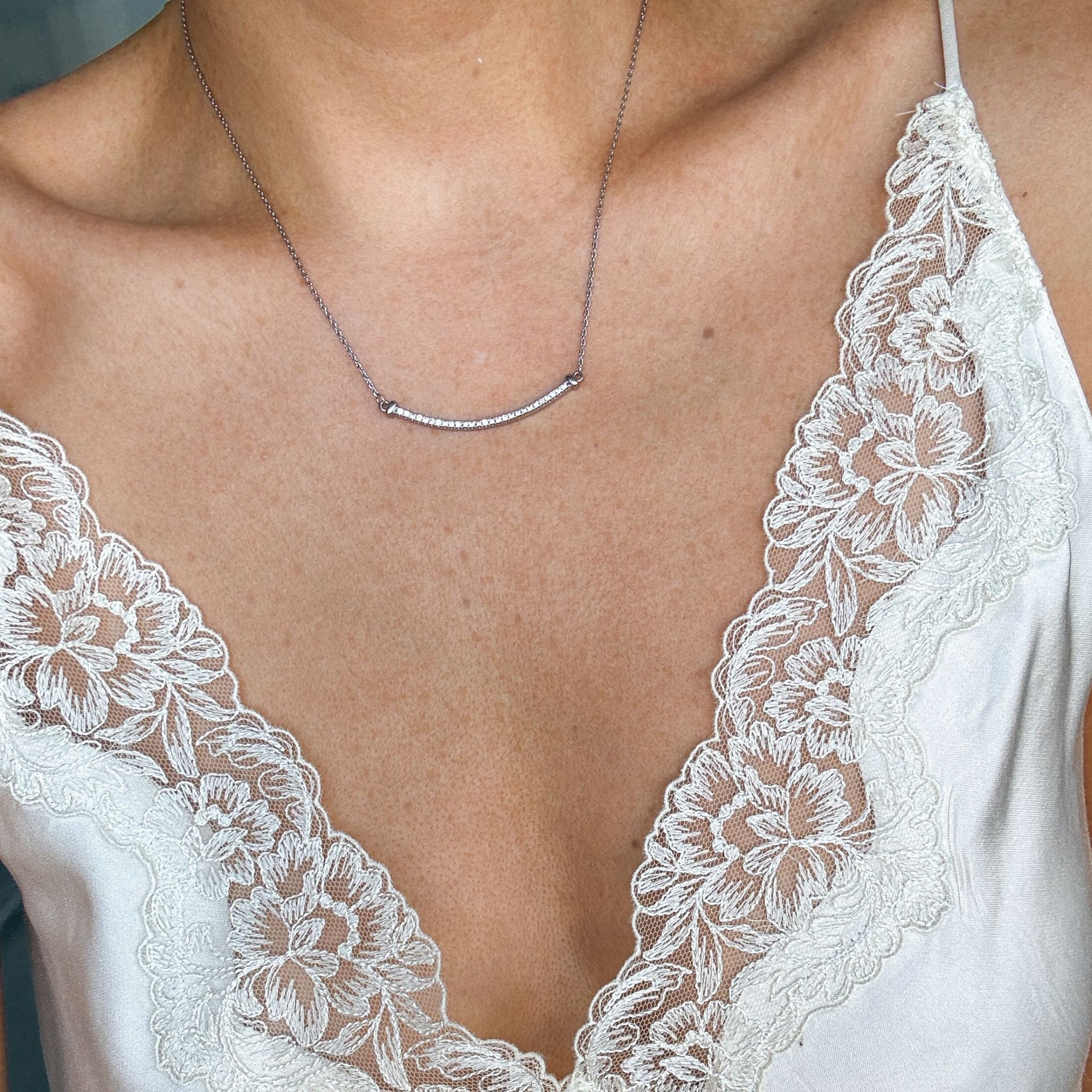 Adornia Crystal Curved Bar Necklace silver