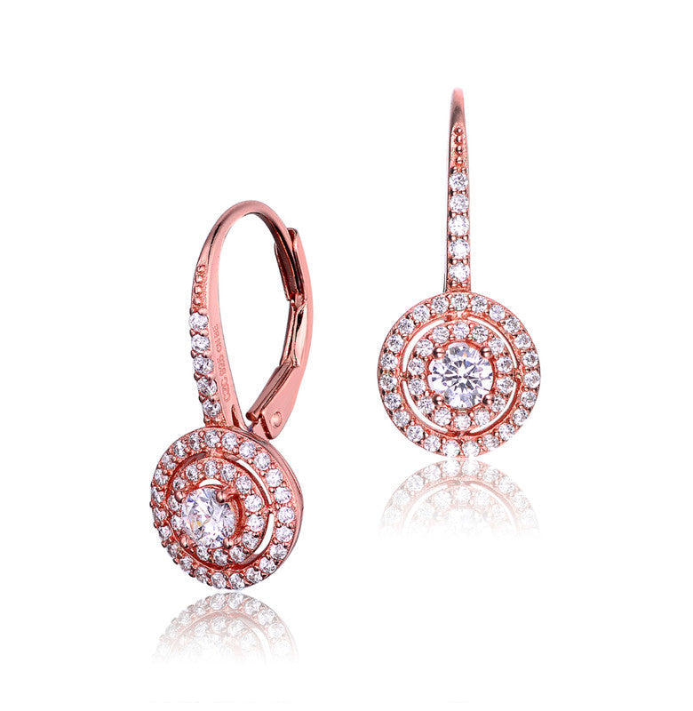 GENEVIVE Sterling Silver Rose Gold Plated Cubic Zirconia Double Halo Earrings
