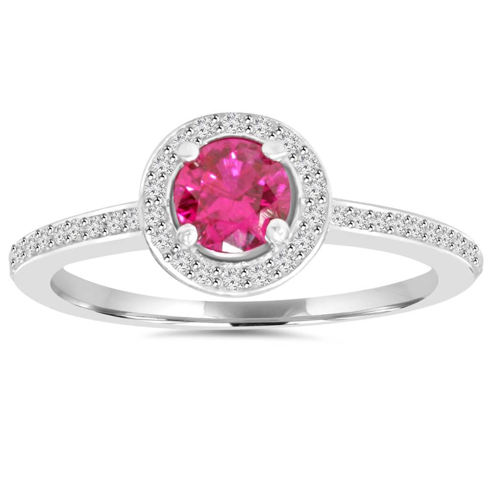 3/4ct Ruby Halo Diamond Pave Engagement Ring 14K White Gold