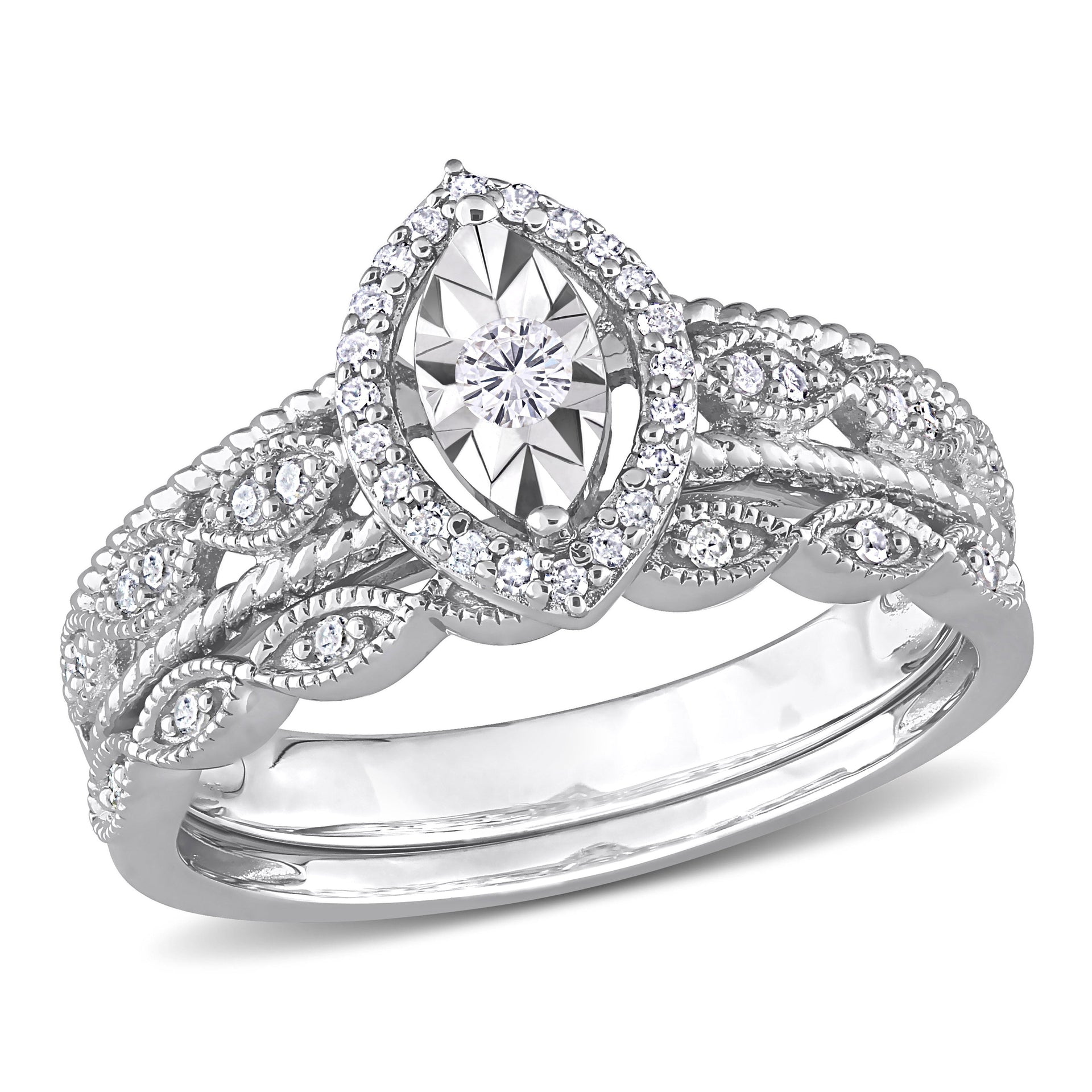 1/5ct TDW Diamond Oval Halo Bridal Ring Set in Sterling Silver
