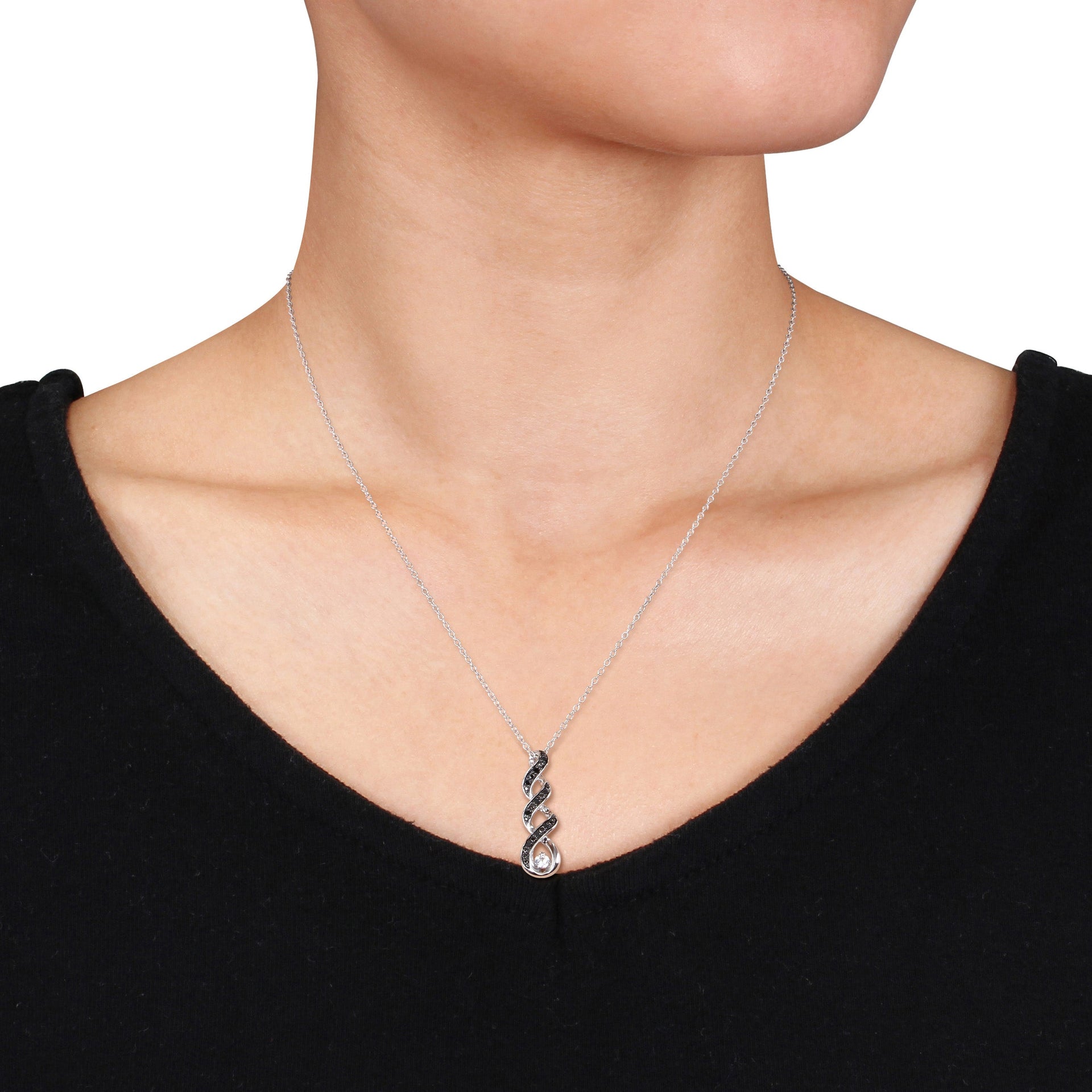 1/10ct TW Black Diamond and Created White Sapphire Twist Necklace in Sterling Silver