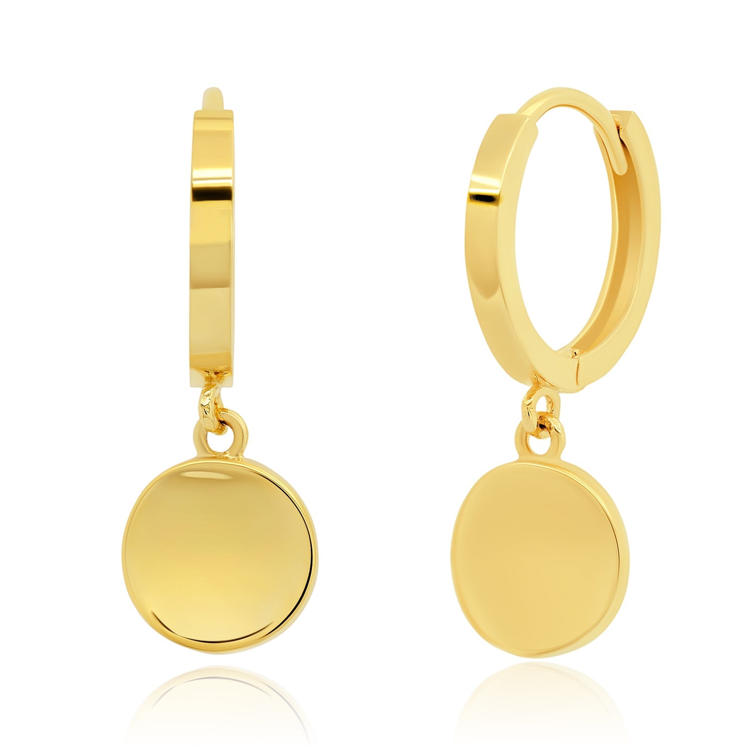 14k Yellow Gold Small Huggie Hoop Earrings with Round Plates