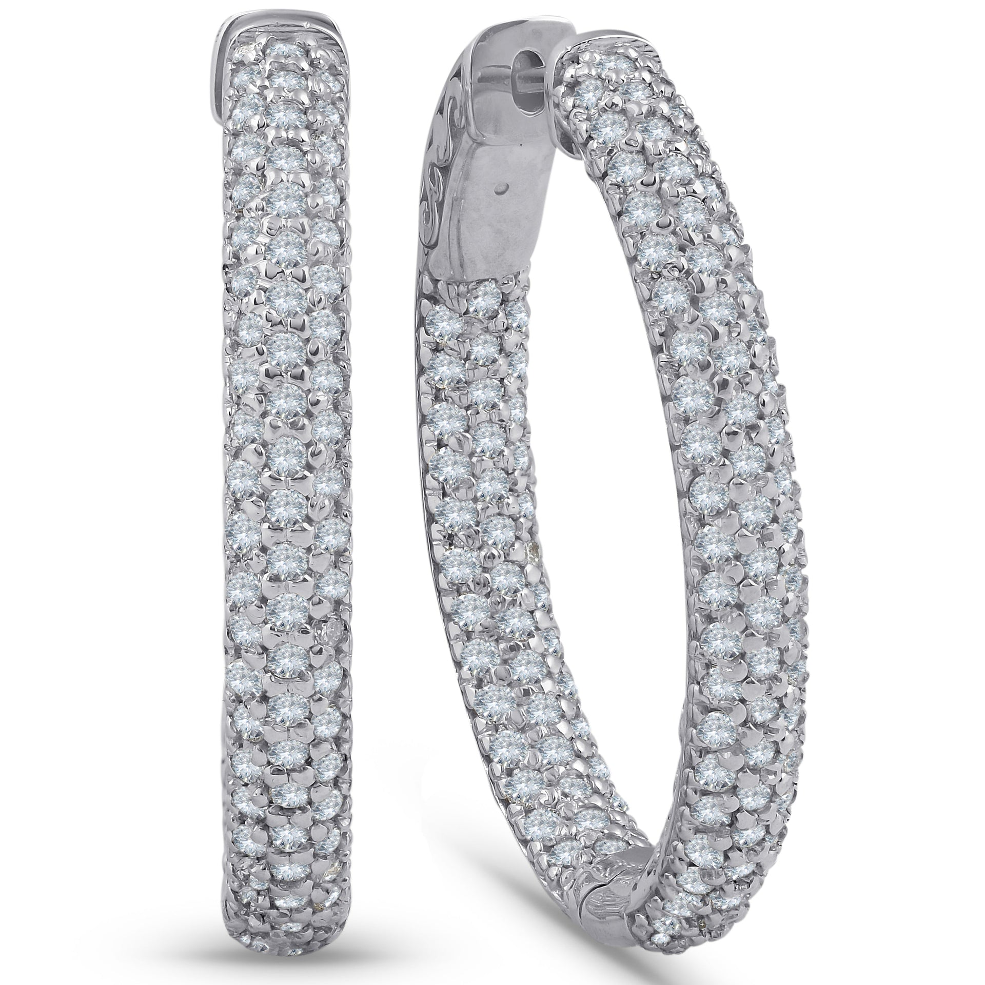 2 1/2 Ct Diamond Hoops 14k White Gold Pave Womens Inside Outside Earrings
