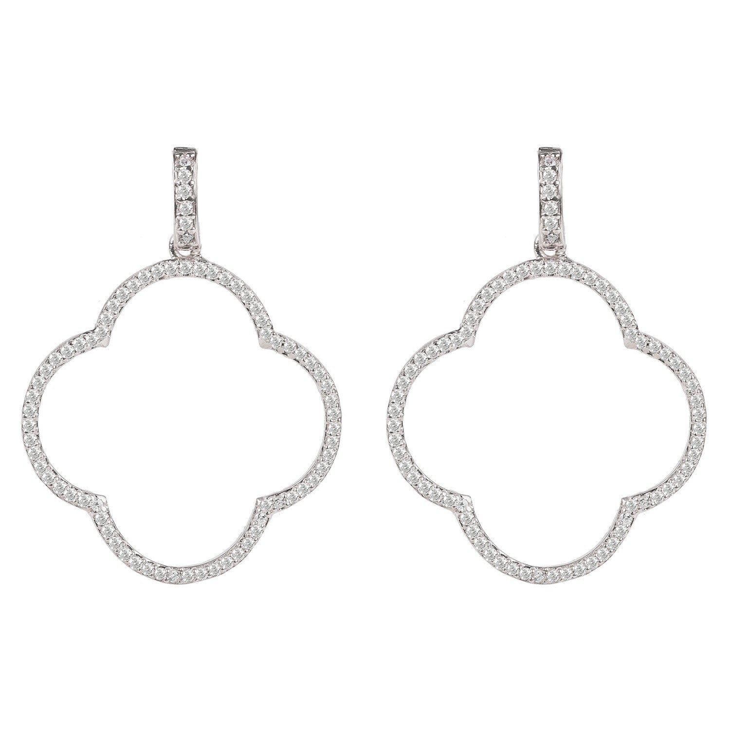 Open Clover Large Drop Earrings White Cz Silver