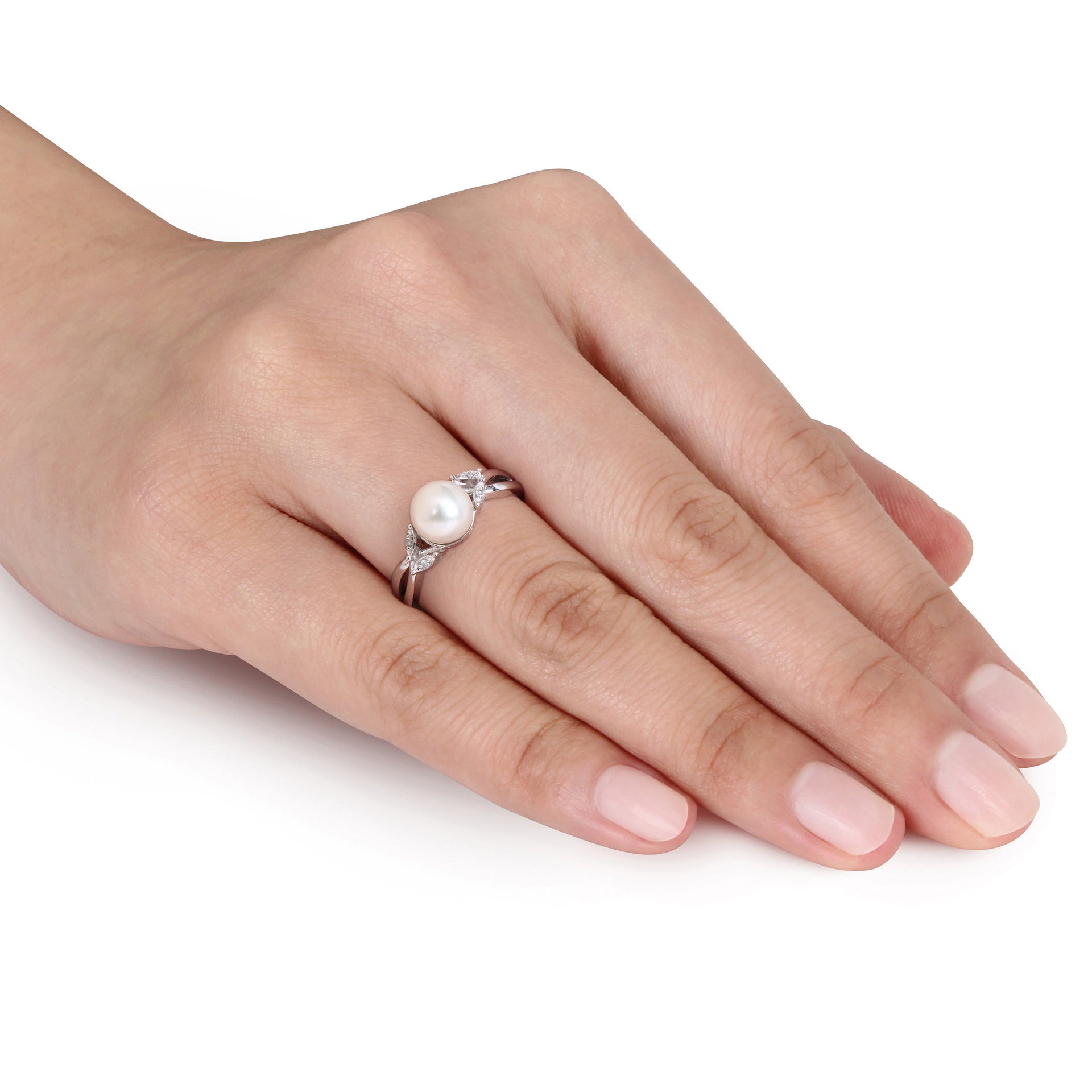Cultured Freshwater Pearl and Diamond Crossover Ring in 10k White Gold