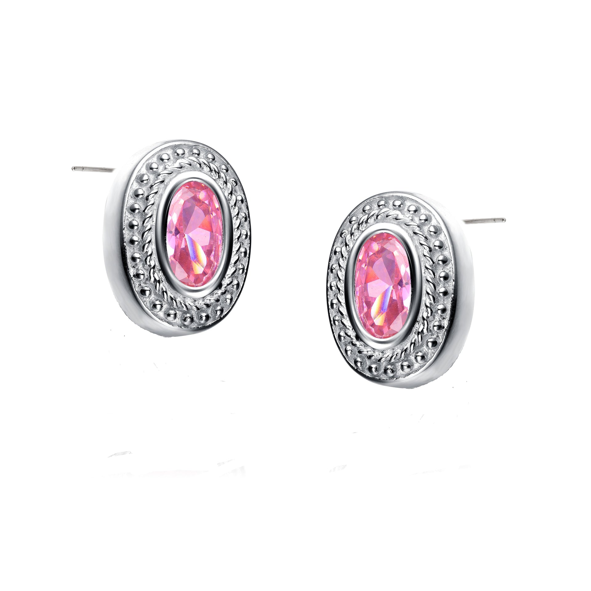 Sterling Silver Pink Cubic Zirconia Oval Stud Earrings