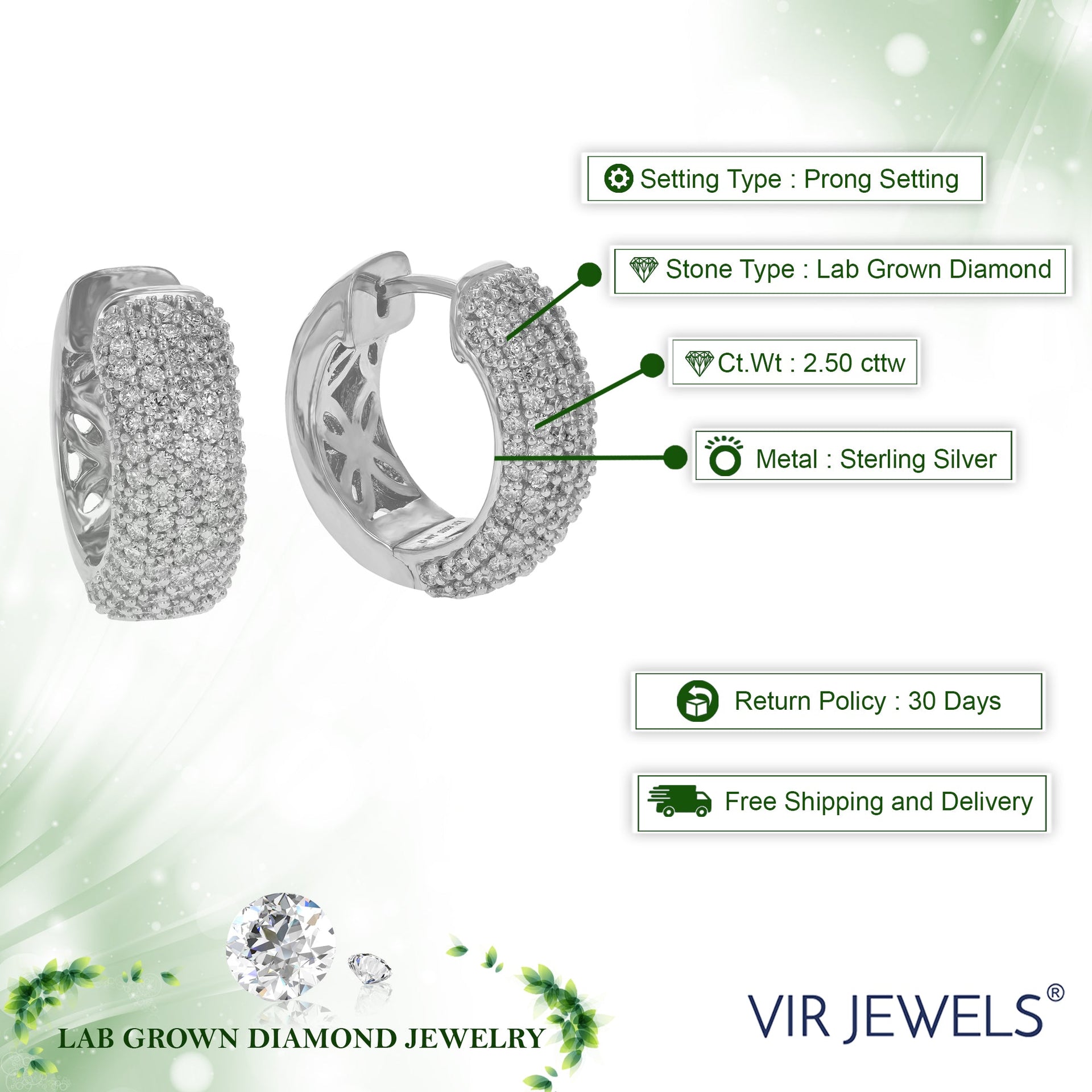 2.50 cttw Round Lab Grown Diamond hoop earrings .925 Sterling Silver Prong Set