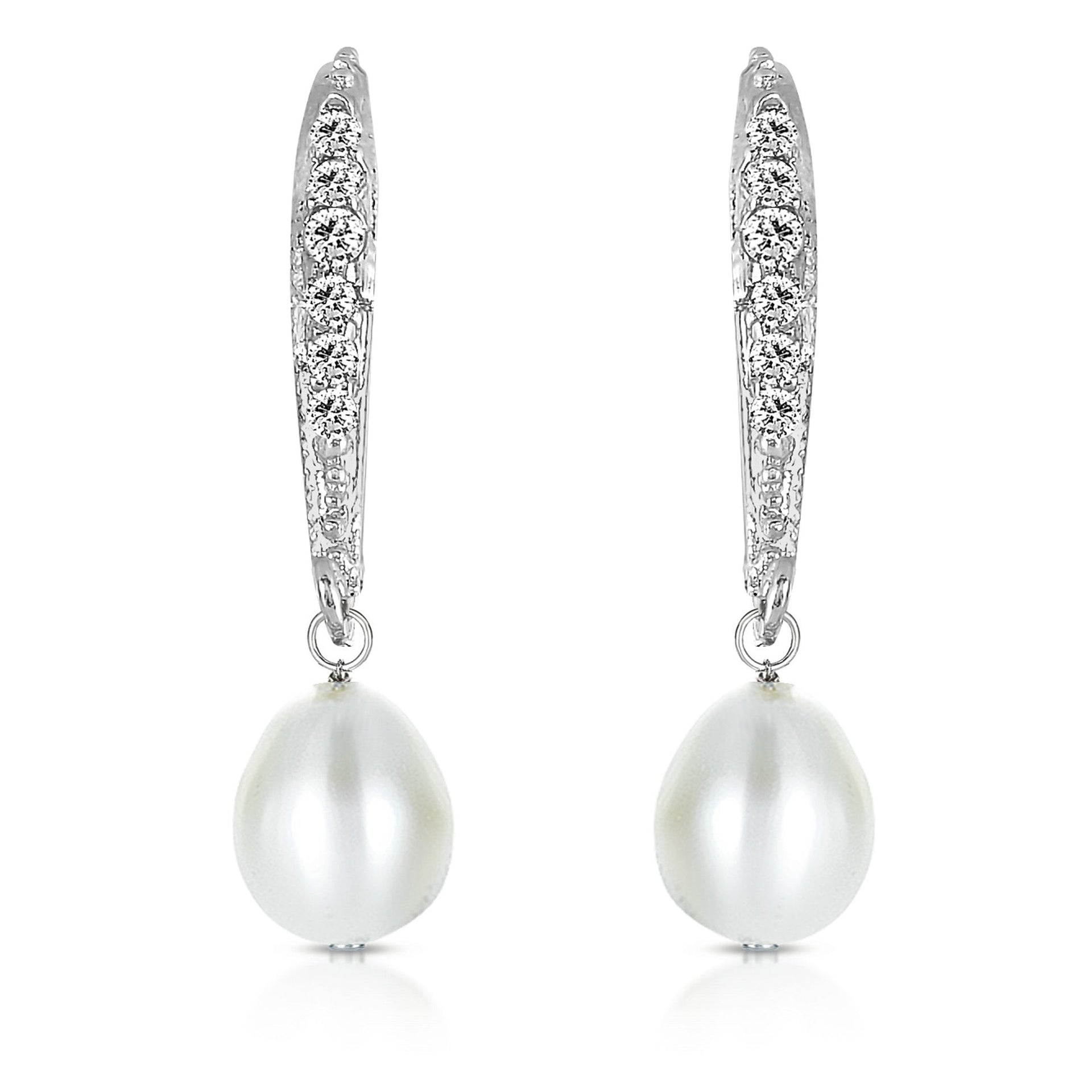C.z. Sterling Silver Rhodium Plated White Water Pearl Dangling Earring