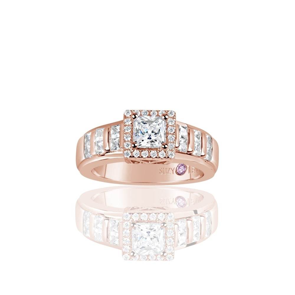 Suzy Levian Rose Plated Sterling Silver Asscher Cut Cubic Zirconia Engagement Ring