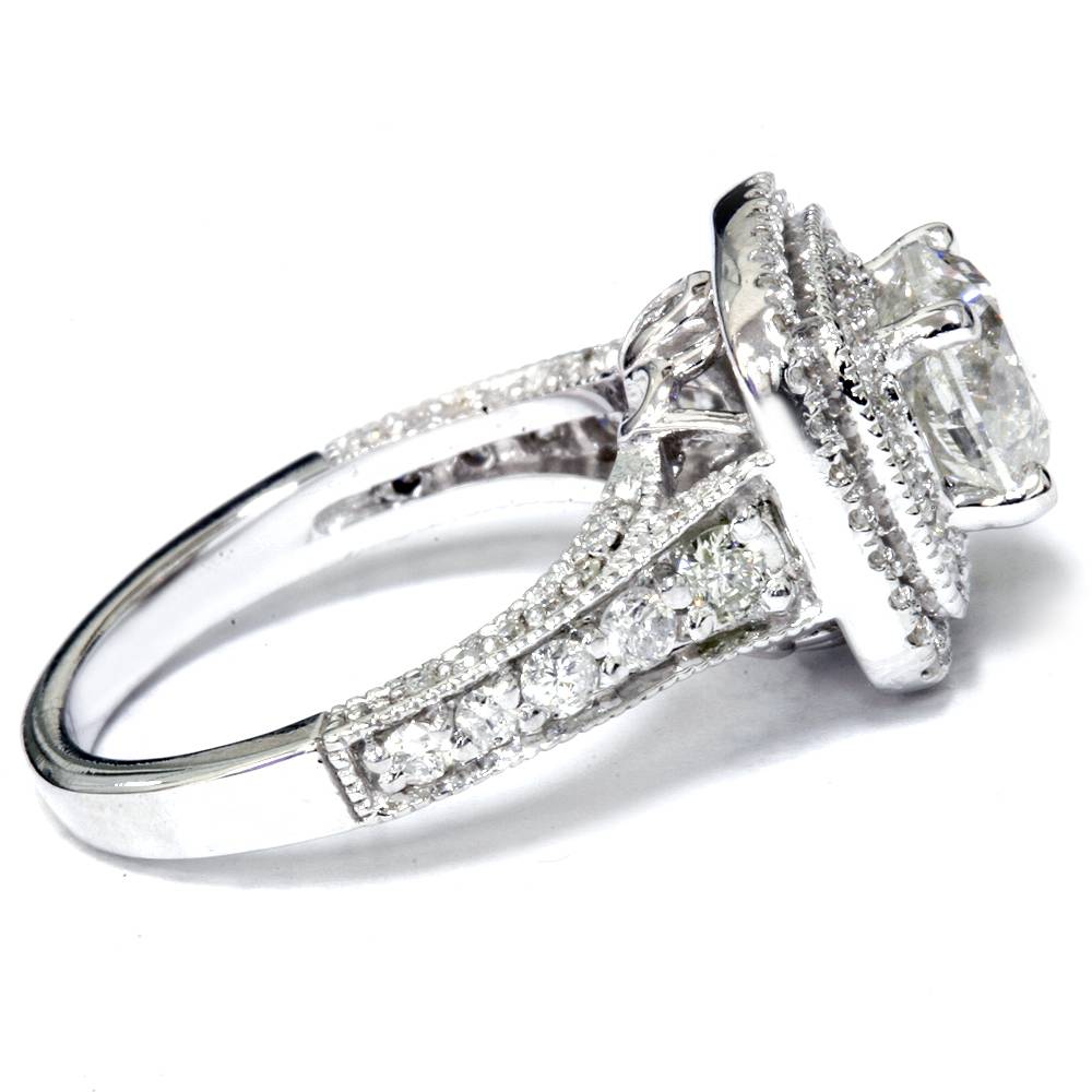 Cushion Double Halo Round Lab Diamond 2 Carat Engagement Ring 14K White Gold Size Selectable