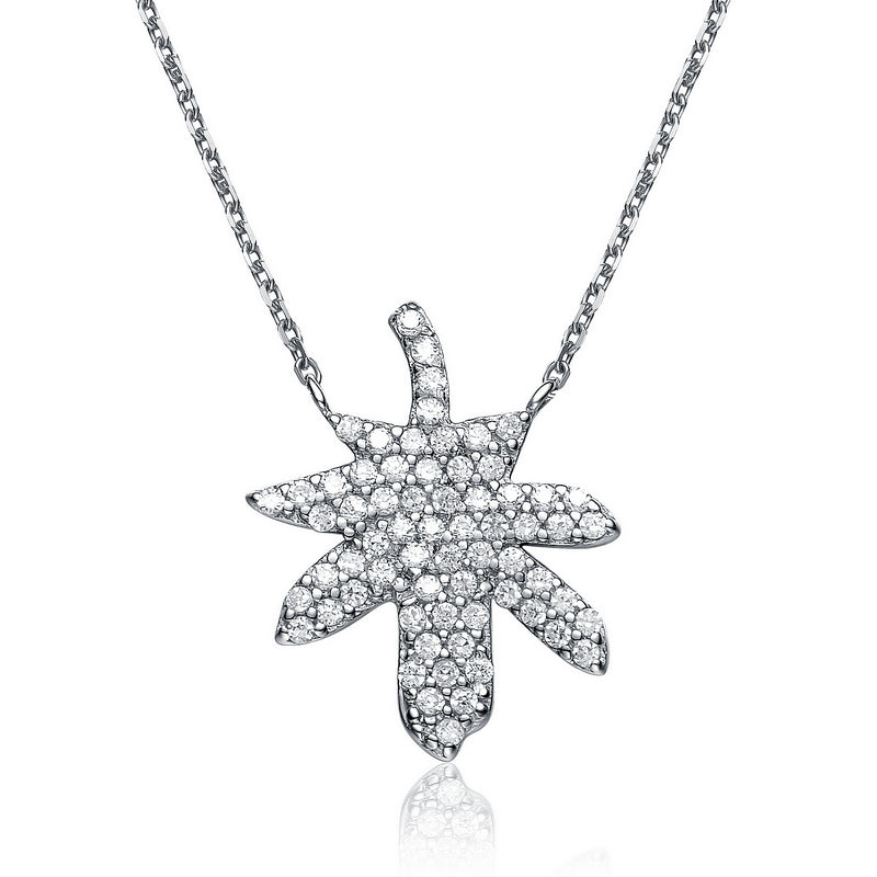 Gv Sterling Silver White Cubic Zirconia Stones Maple Leaf Pendant