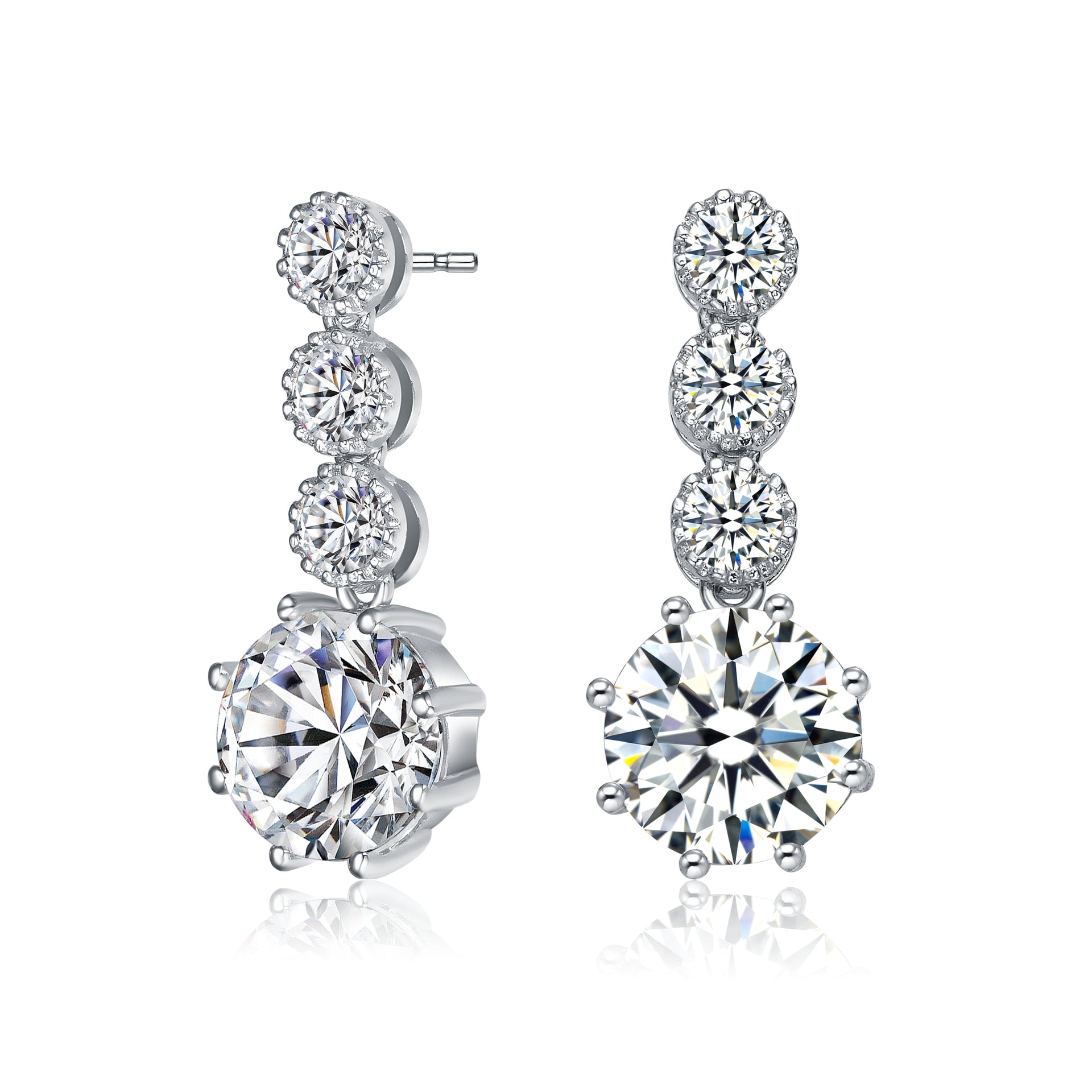Sterling Silver With Rhodium Plated Clear Round Cubic Zirconia Tier Drop Earrings