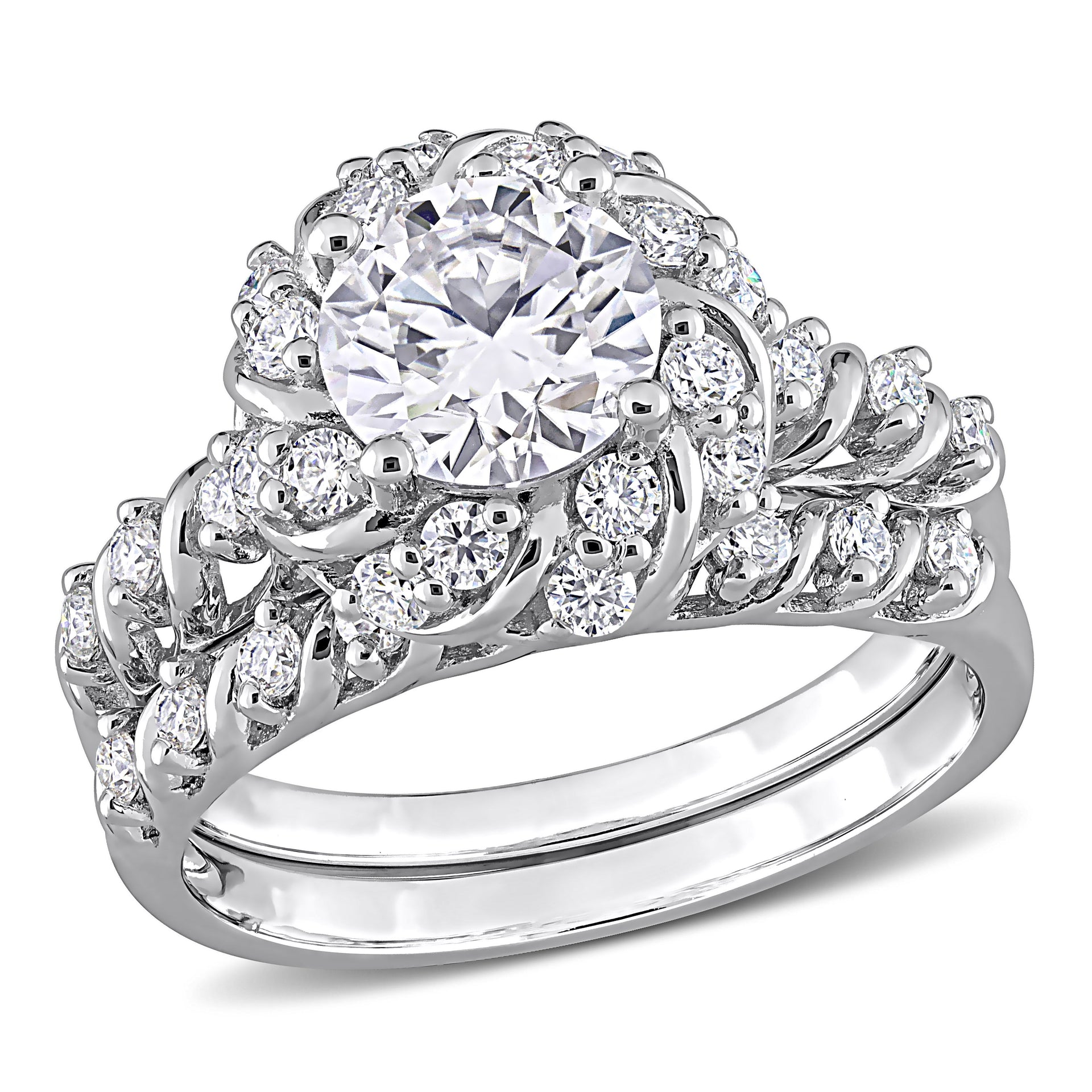 1 7/8 ct DEW Created Moissanite Halo Bridal Ring Set in Sterling Silver
