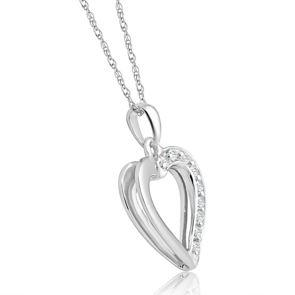 10K White Gold 1/10Ct TW Diamond Small Heart Pendant Necklace 1' Tall