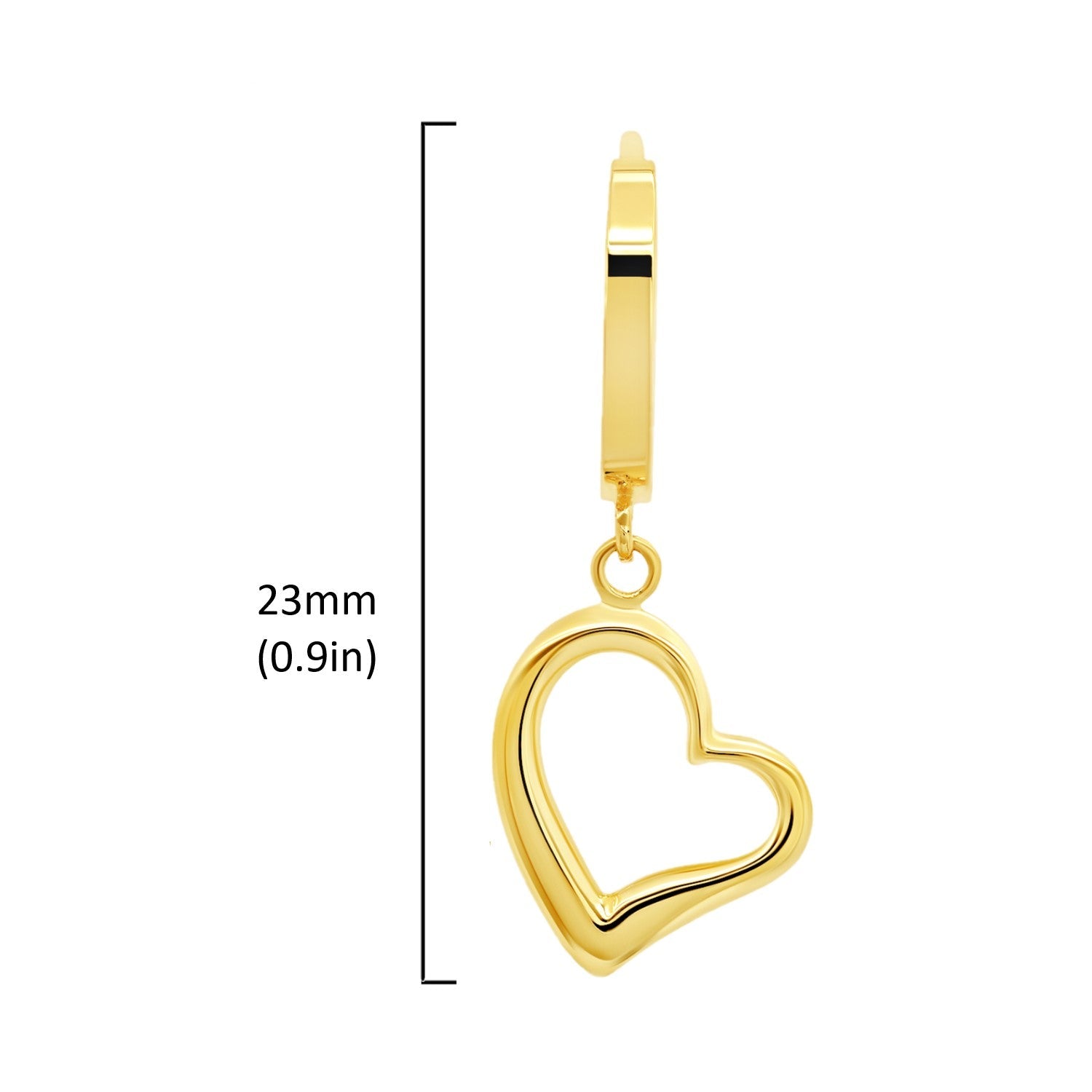 14K Yellow Gold Dangle Heart Huggie Hoop Earrings