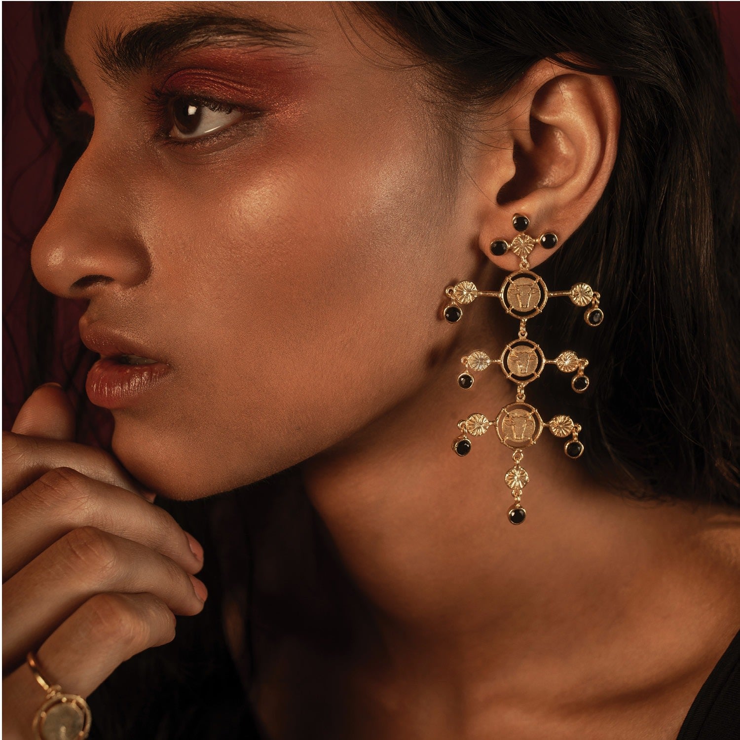 Gold Inka Chandelier Earrings With Black Onyx Glass Gems