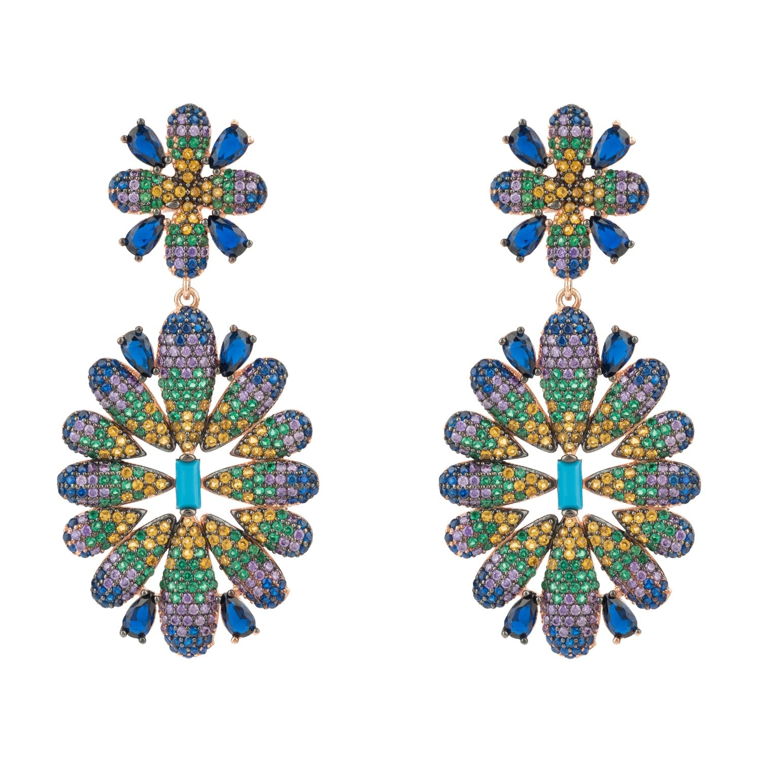 Babylon Multicoloured Flower Drop Earrings Rose Gold