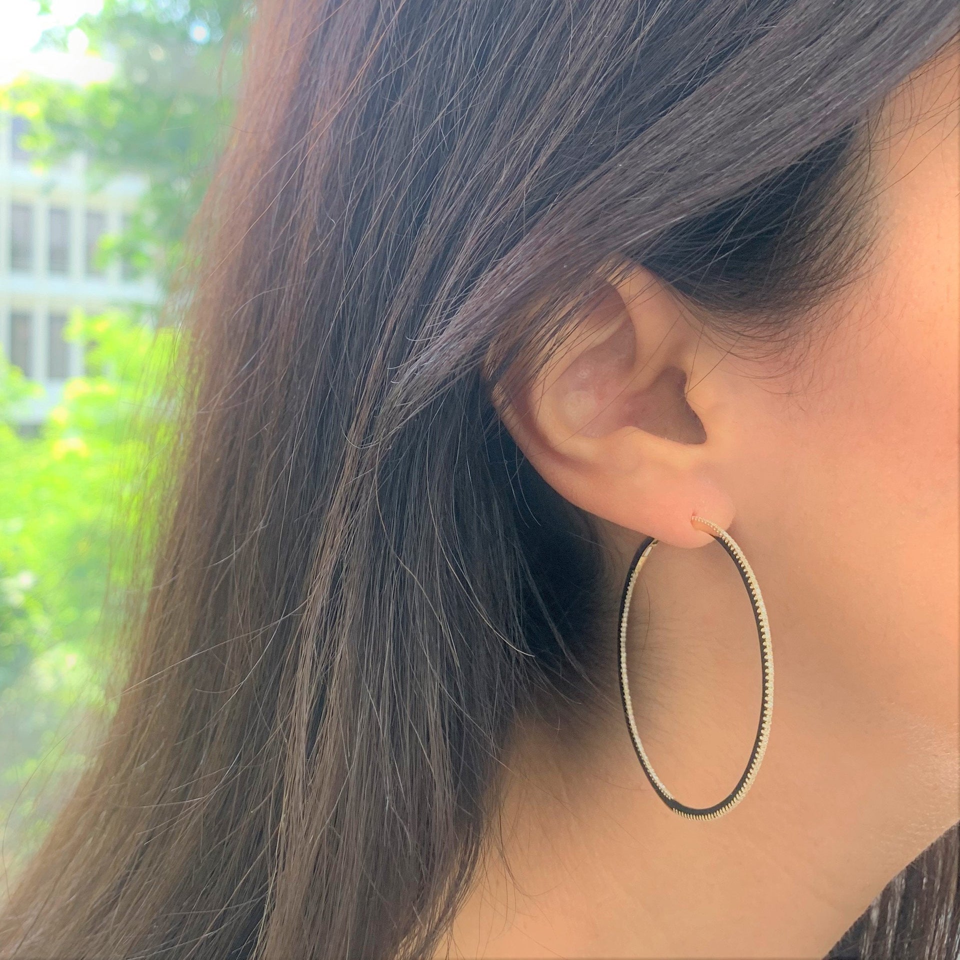 14k Gold & Diamond Skinny Hoop Earrings- 2'