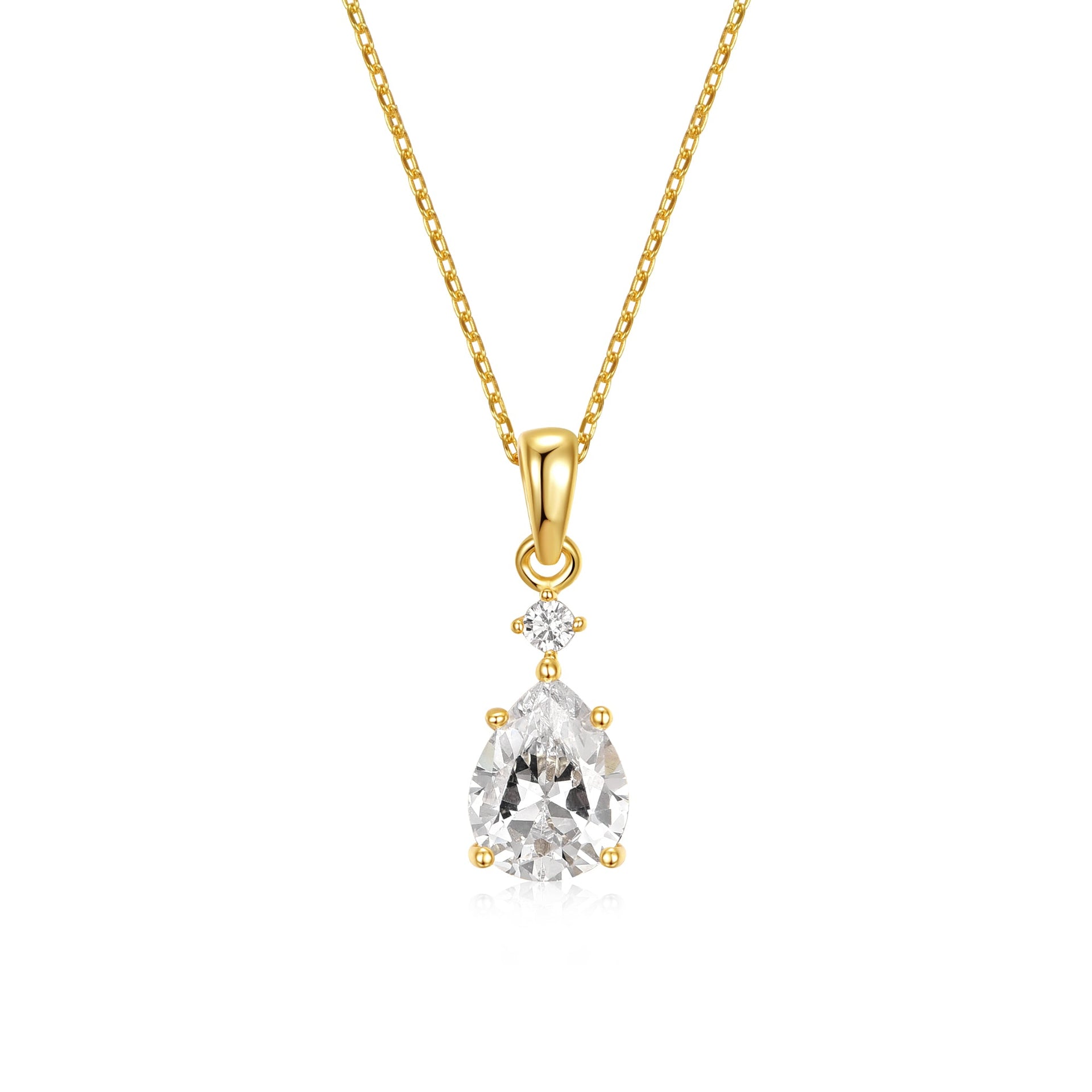 14k Gold Plated with Diamond Cubic Zirconia Raindrop Pear 2-Stone Pendant Necklace