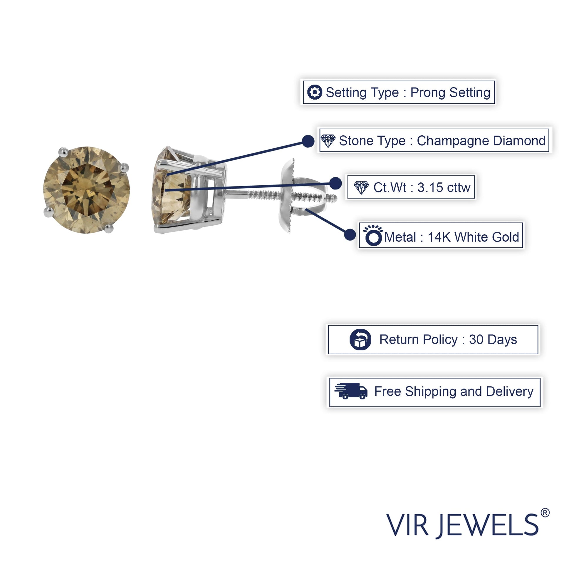 3.15 cttw IGI Certified Champagne Diamond Stud Earrings 14K White Gold Round with Screw Backs