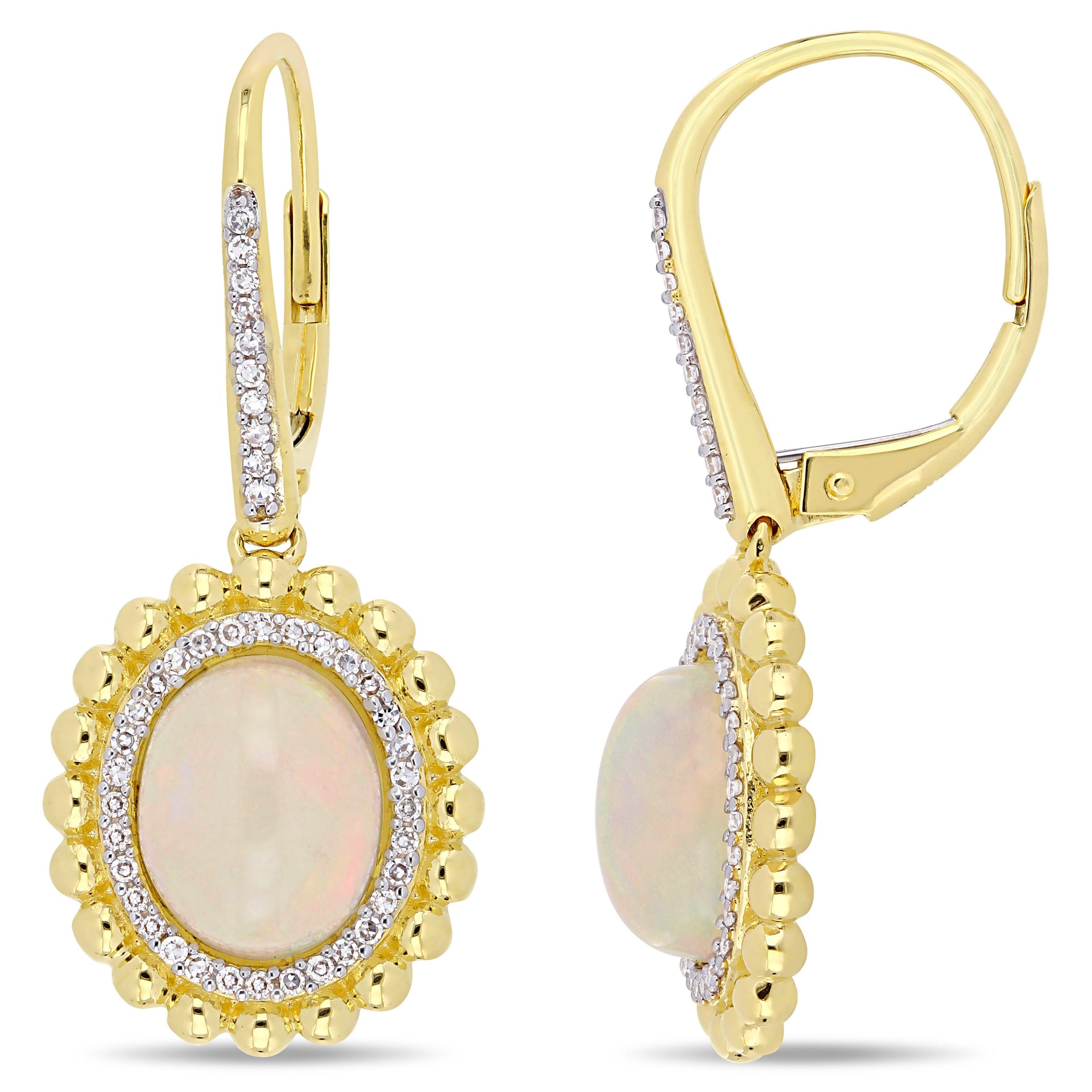 4 CT TGW Oval-Cut Ethiopian Opal and 1/4 CT TW Diamond Leverback Earrings in 14K Yellow Gold