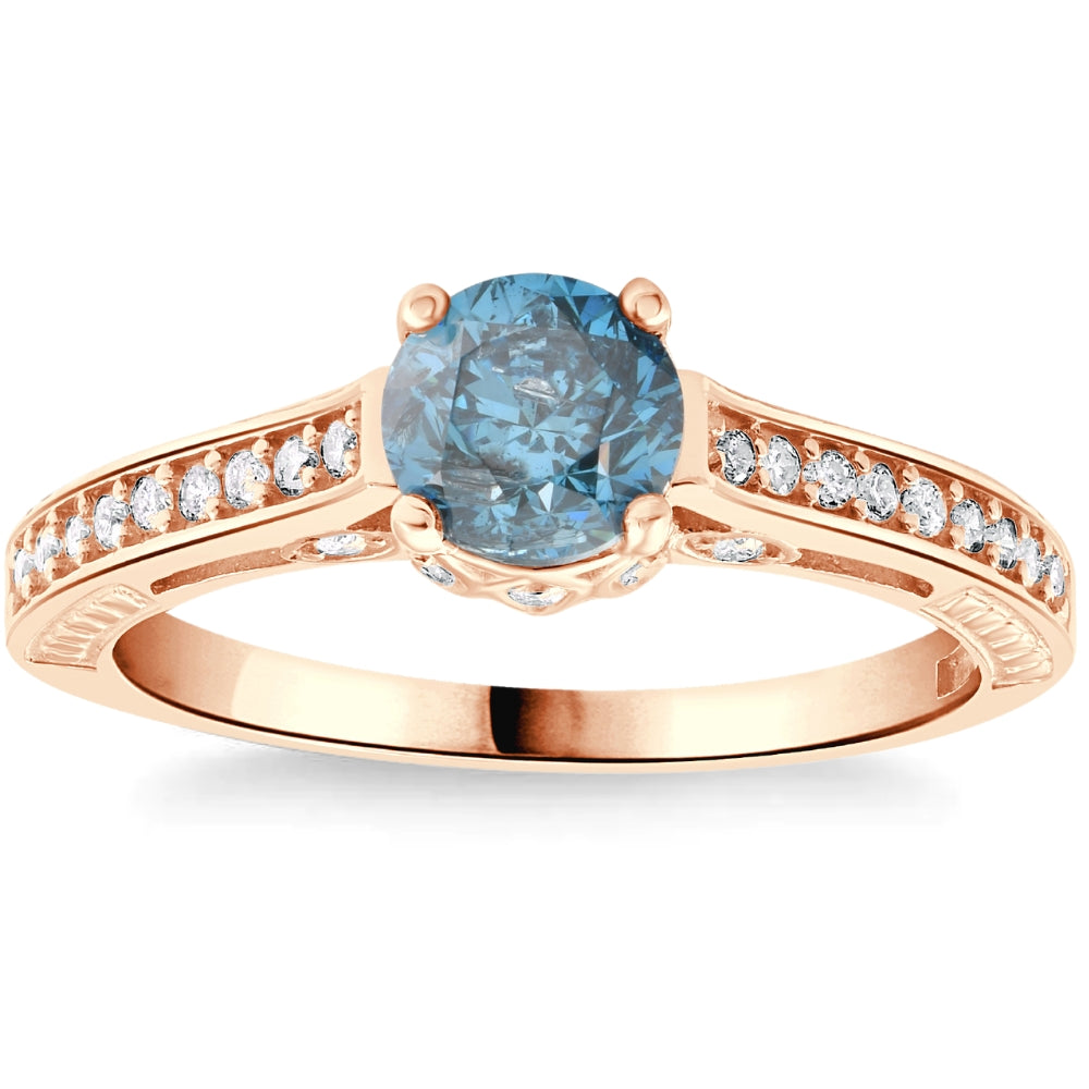 1 1/4 ct Blue Diamond Vintage Engagement Ring 14k Rose Gold