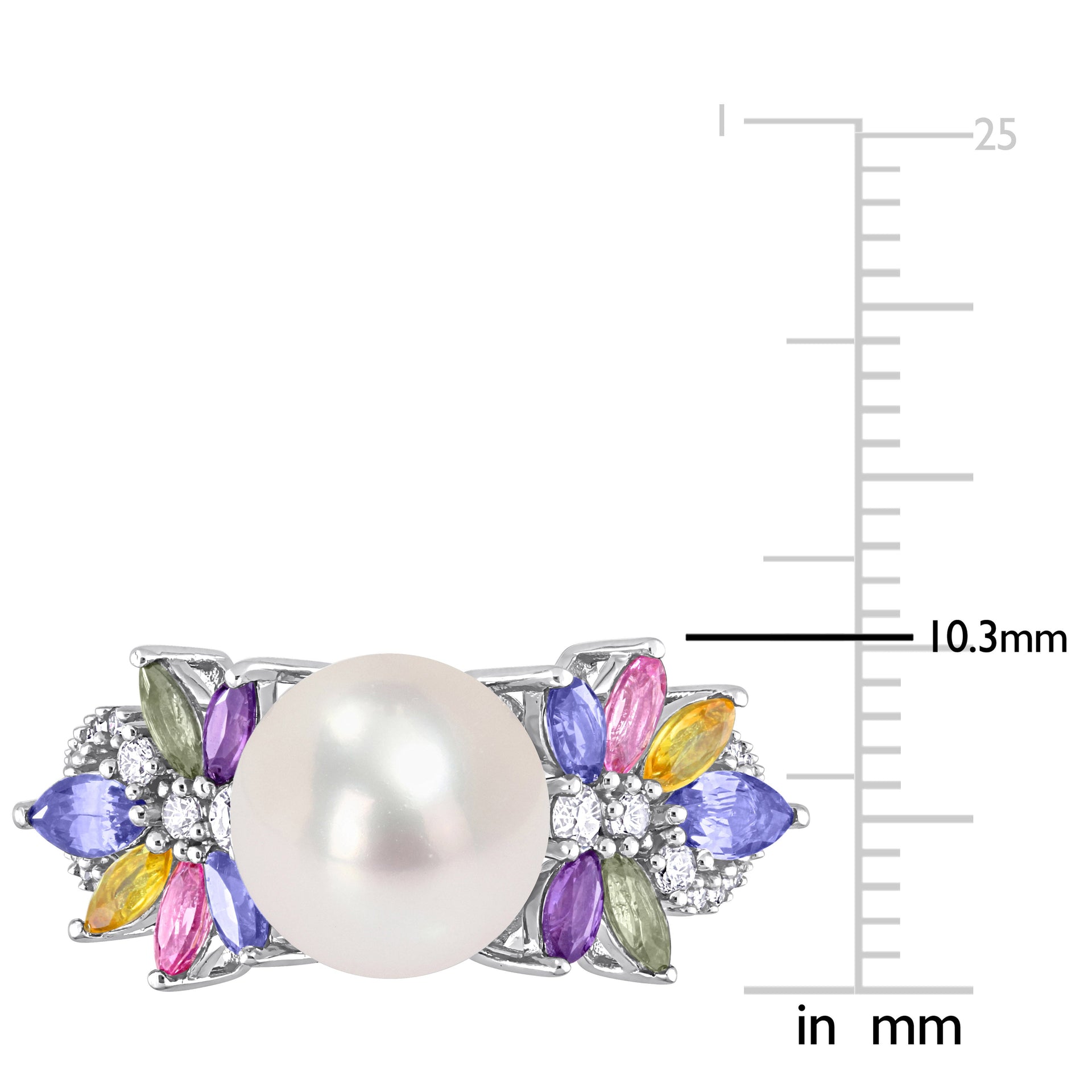 9-9.5 MM Cultured Freshwater Pearl and 1 3/4 CT TGW Multi Sapphire (Light Blue, White, Yellow, Pink, Purple & Green) and 1/8 CT TW Diamond Flower Ring in 14k White Gold