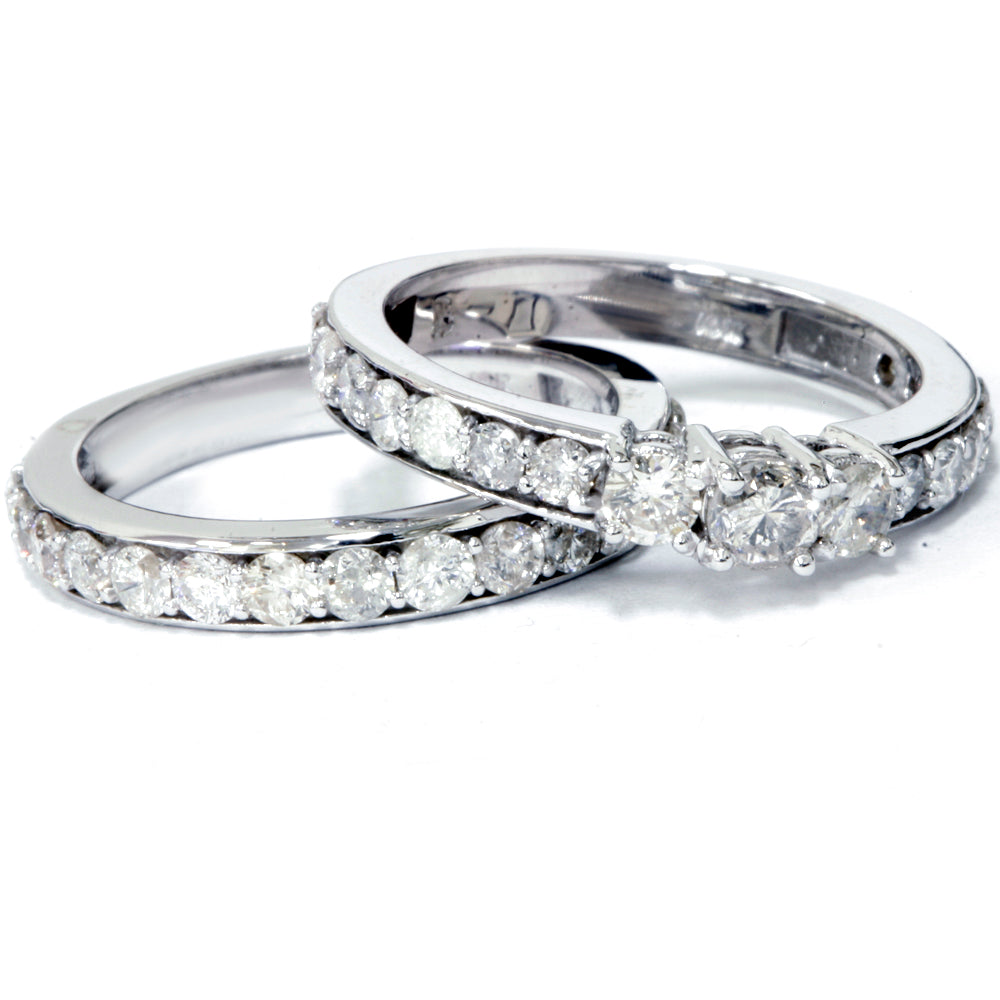 2 1/6ct 3-Stone Diamond Engagement Wedding Ring Set 10K White Gold