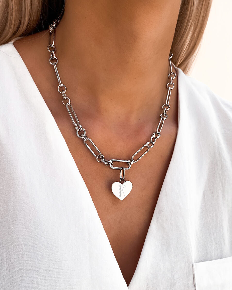 Heart Figaro Chain Necklace (Silver)