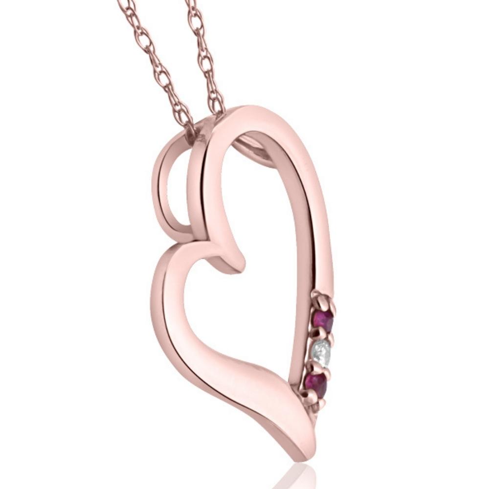 Diamond & Ruby Heart Pendant 3-Stone Rose Gold with 18' Chain