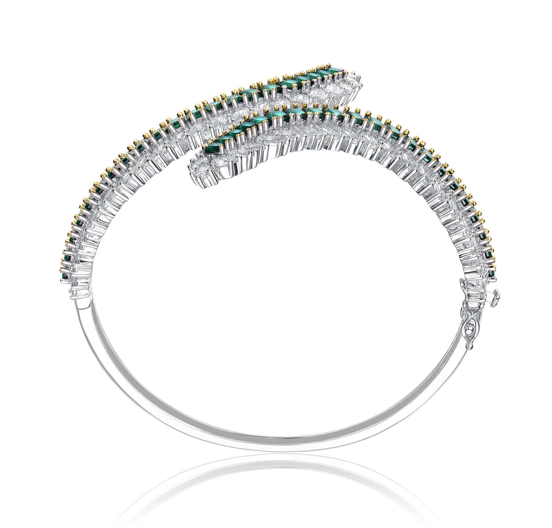 Ga Sterling Silver Rhodium Plated With Emerald Cubic Zirconia Bangle Bracelet