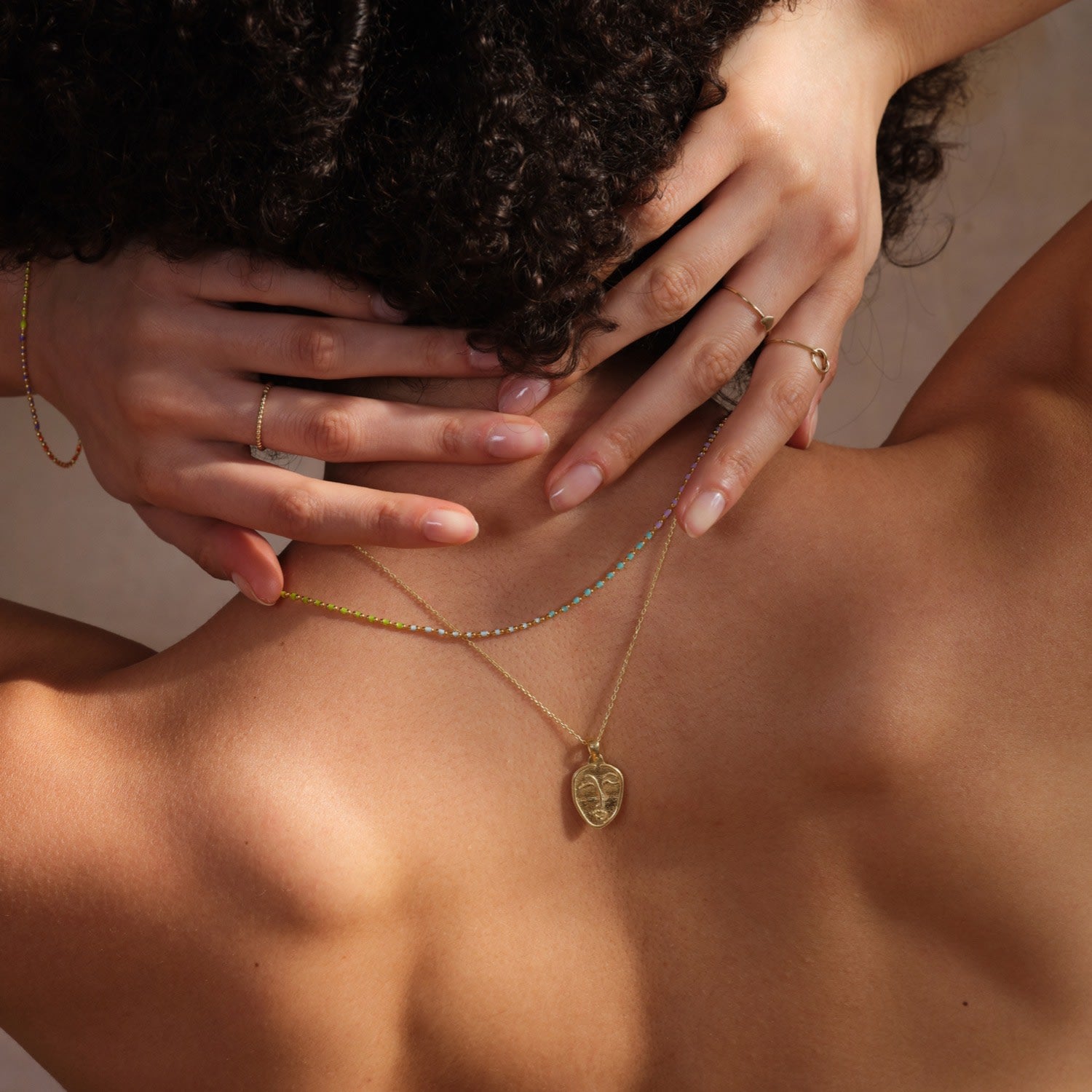 Abstract Face Monogram Medal Art Sterling Silver Necklace - Gold