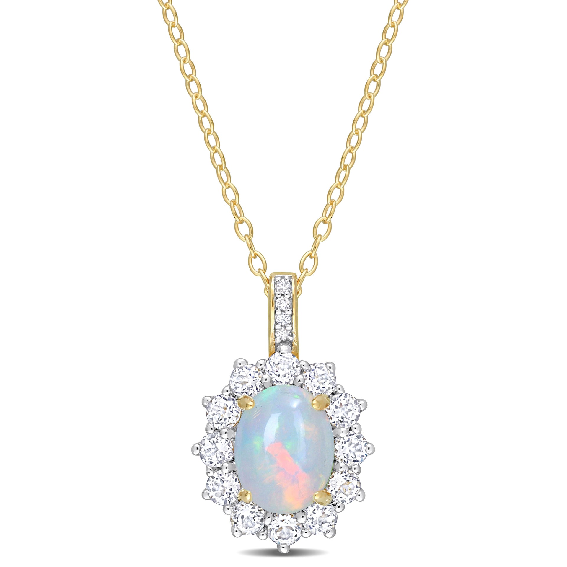 2 1/6 CT TGW Oval Shape Blue Ethiopian Opal and White Topaz and Diamond Accent Halo Pendant with Chain in Yellow Plated Sterling Silver